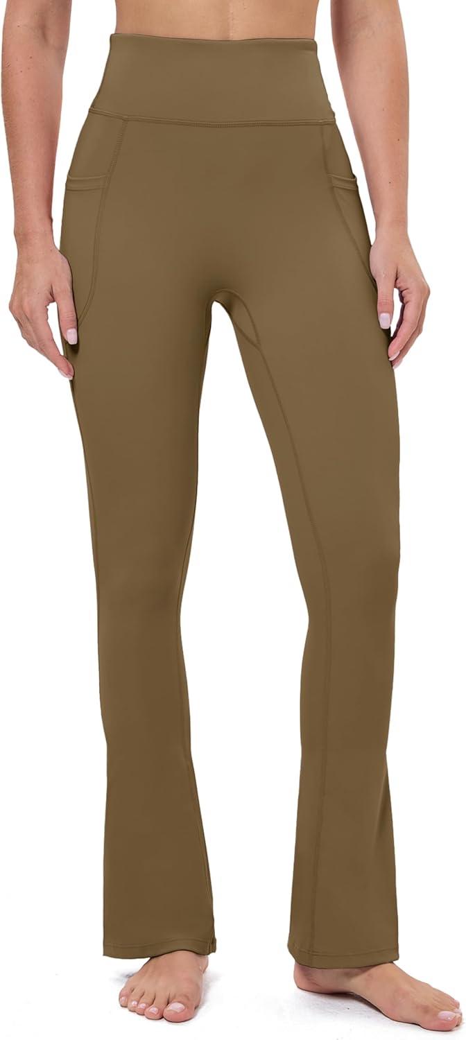 imageMAGCOMSEN Womens High Waisted Flare Leggings Tummy Control Yoga Pants with Pockets Mini Flared Bootcut Workout CasualLight Coffee