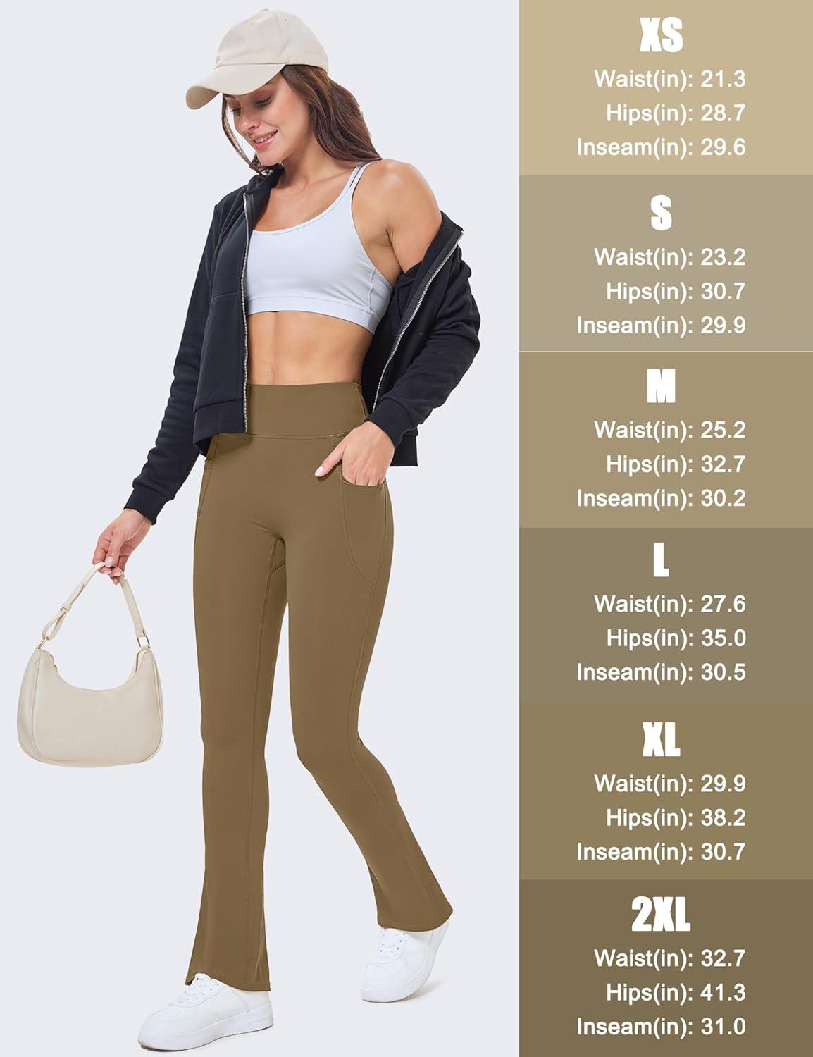 imageMAGCOMSEN Womens High Waisted Flare Leggings Tummy Control Yoga Pants with Pockets Mini Flared Bootcut Workout CasualLight Coffee