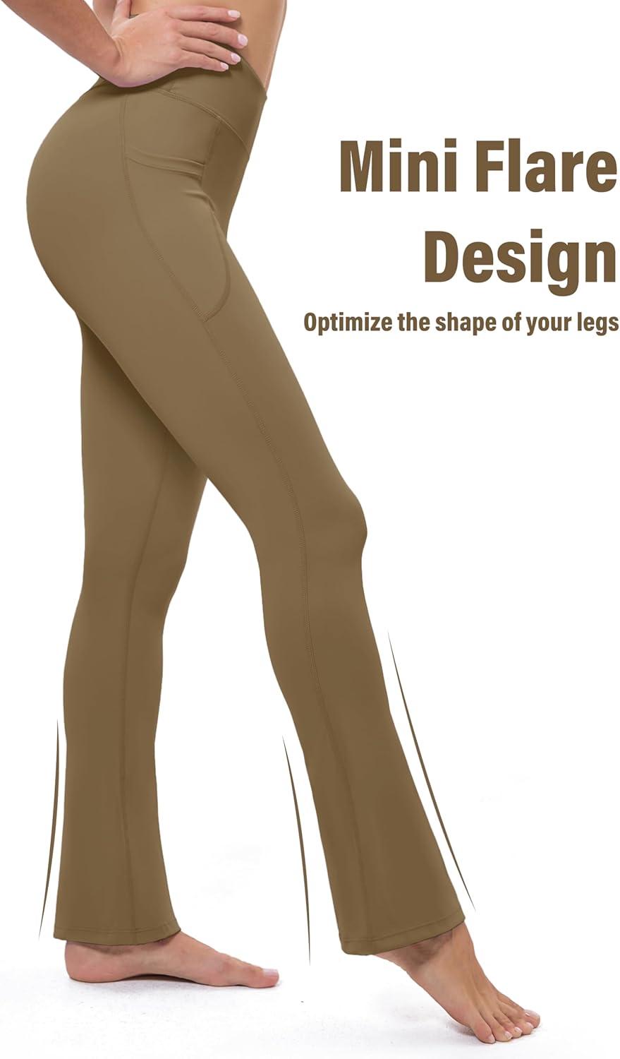 imageMAGCOMSEN Womens High Waisted Flare Leggings Tummy Control Yoga Pants with Pockets Mini Flared Bootcut Workout CasualLight Coffee