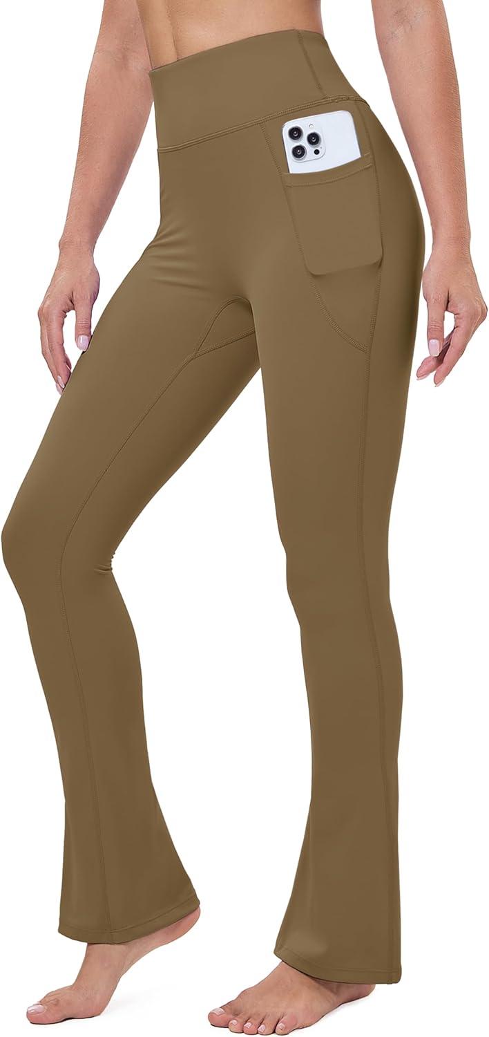 imageMAGCOMSEN Womens High Waisted Flare Leggings Tummy Control Yoga Pants with Pockets Mini Flared Bootcut Workout CasualLight Coffee