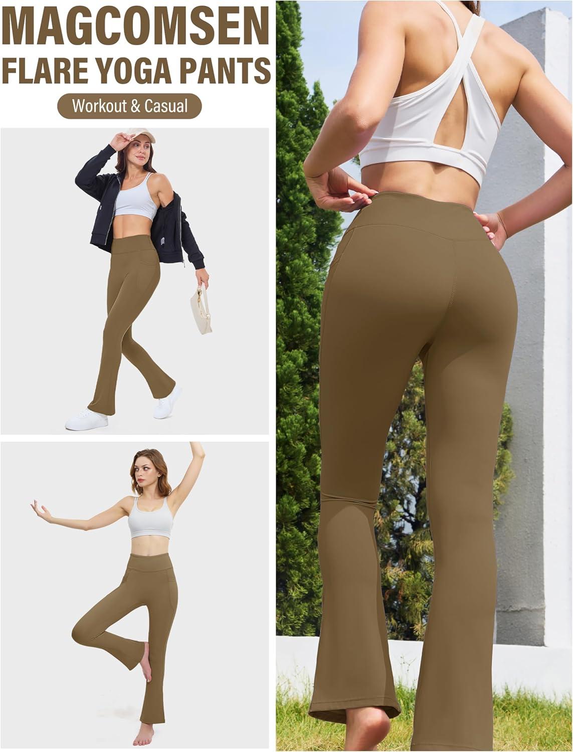 imageMAGCOMSEN Womens High Waisted Flare Leggings Tummy Control Yoga Pants with Pockets Mini Flared Bootcut Workout CasualLight Coffee