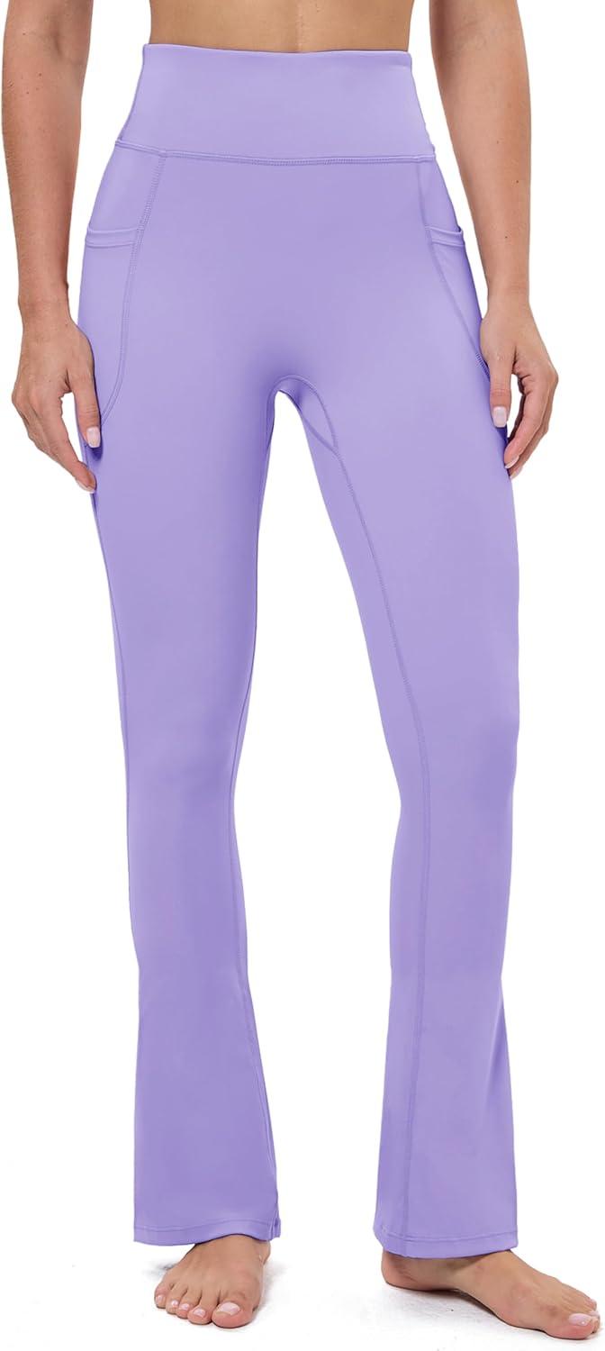 imageMAGCOMSEN Womens High Waisted Flare Leggings Tummy Control Yoga Pants with Pockets Mini Flared Bootcut Workout CasualLight Purple