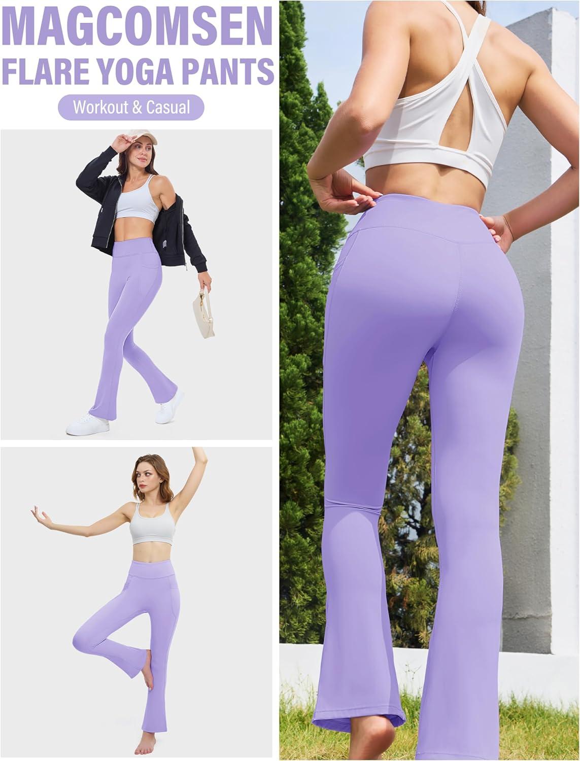 imageMAGCOMSEN Womens High Waisted Flare Leggings Tummy Control Yoga Pants with Pockets Mini Flared Bootcut Workout CasualLight Purple