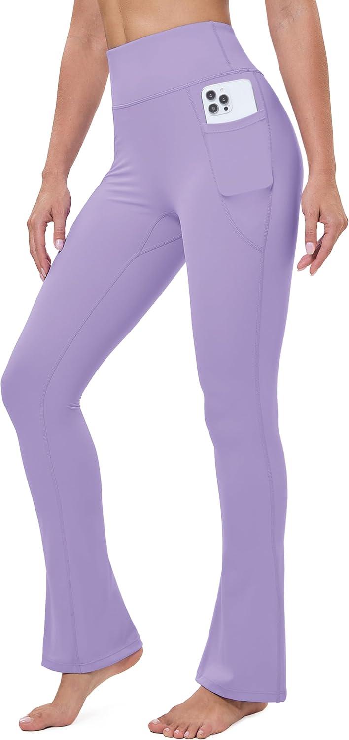 imageMAGCOMSEN Womens High Waisted Flare Leggings Tummy Control Yoga Pants with Pockets Mini Flared Bootcut Workout CasualLight Purple