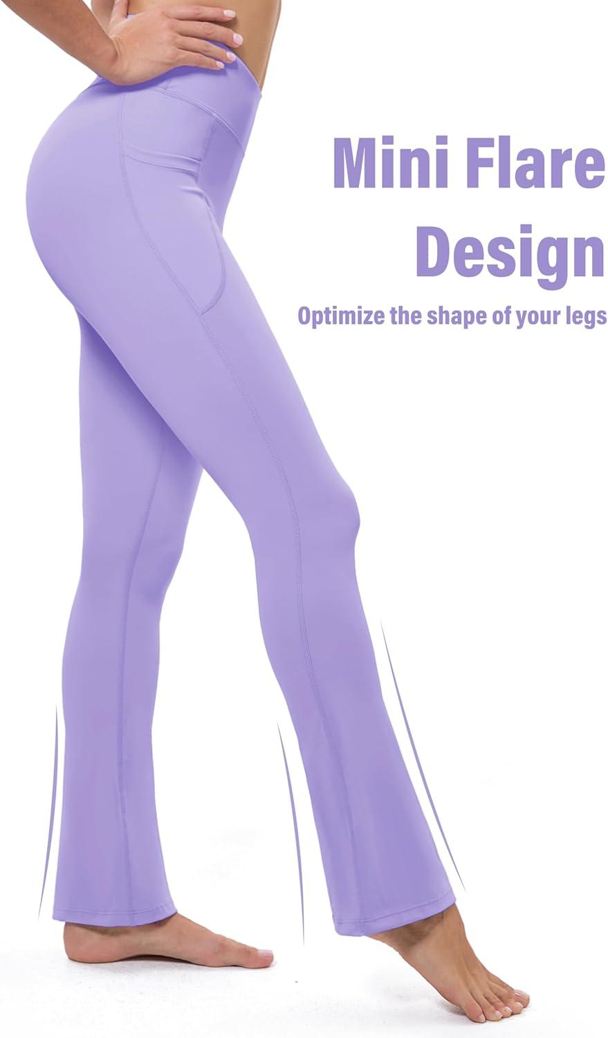 imageMAGCOMSEN Womens High Waisted Flare Leggings Tummy Control Yoga Pants with Pockets Mini Flared Bootcut Workout CasualLight Purple