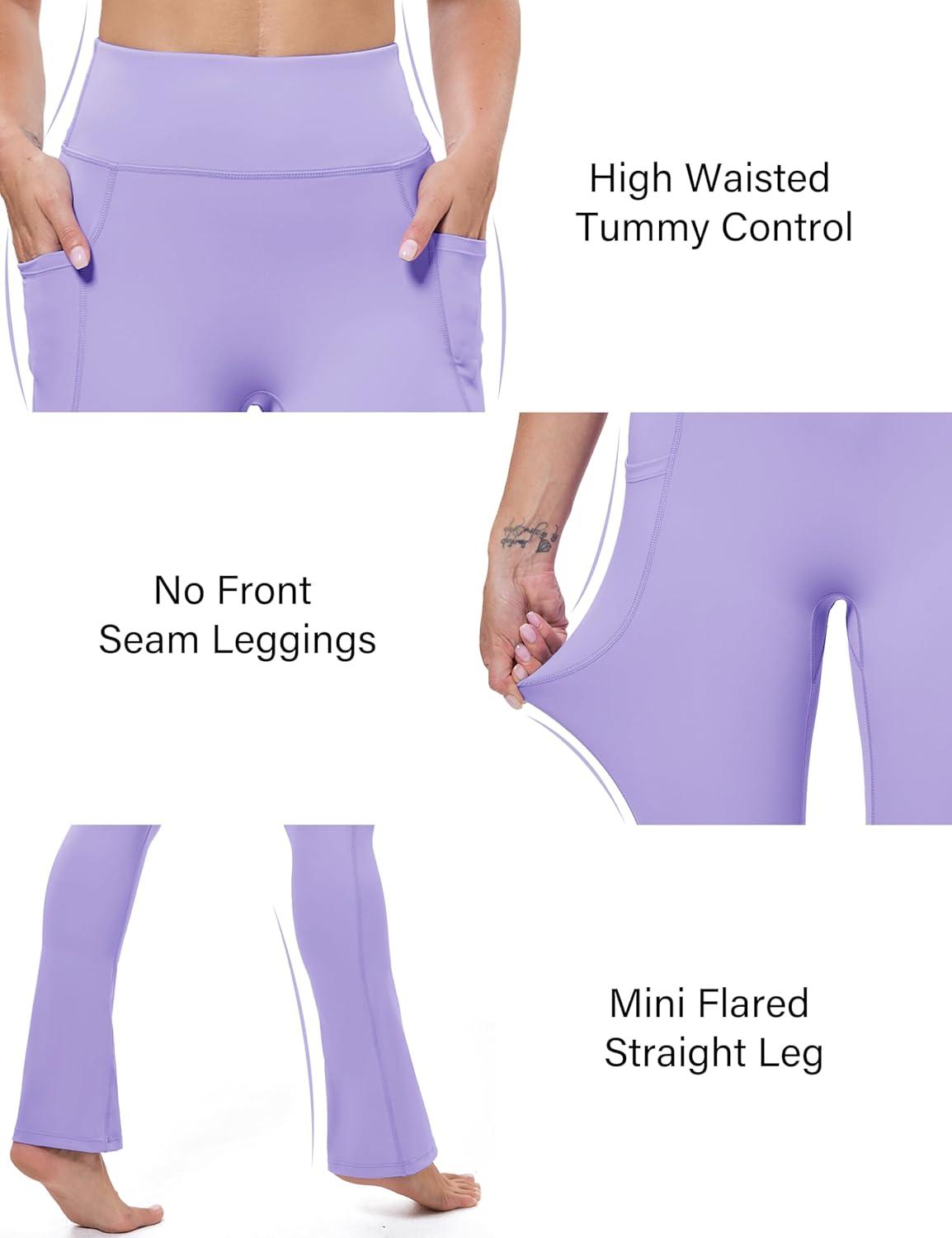 imageMAGCOMSEN Womens High Waisted Flare Leggings Tummy Control Yoga Pants with Pockets Mini Flared Bootcut Workout CasualLight Purple