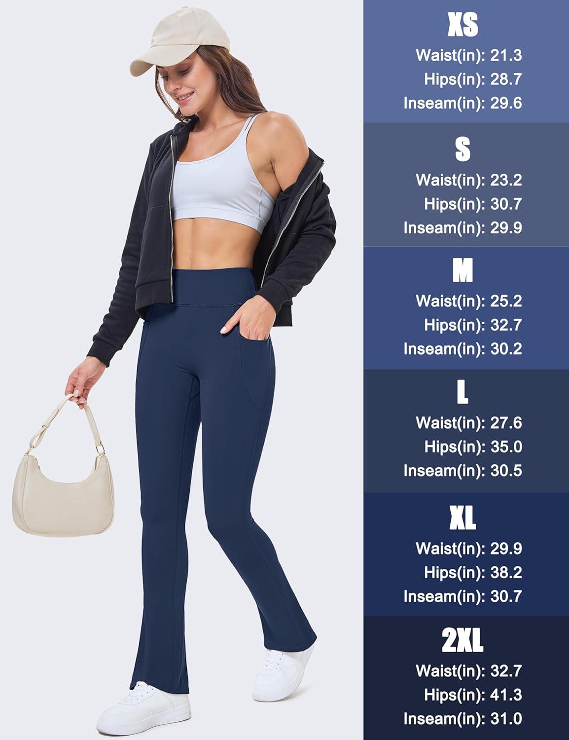 imageMAGCOMSEN Womens High Waisted Flare Leggings Tummy Control Yoga Pants with Pockets Mini Flared Bootcut Workout CasualNavy Blue