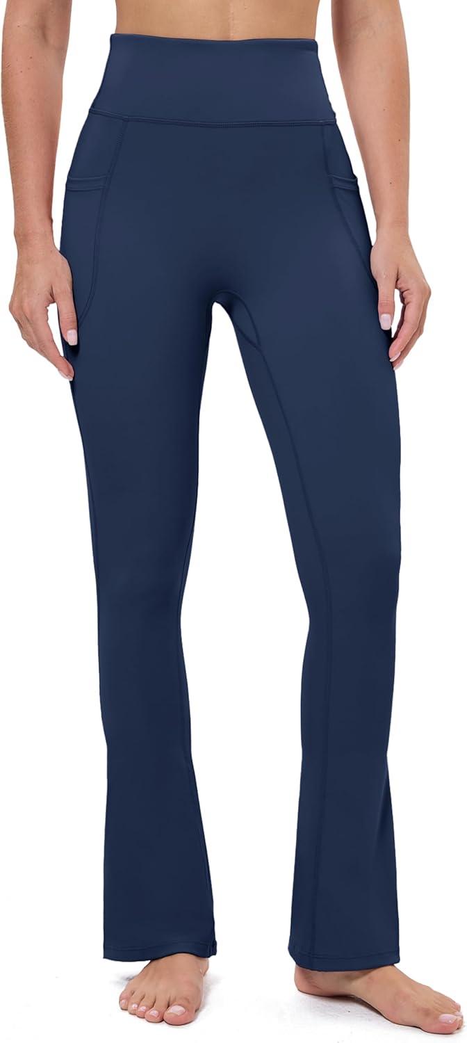 imageMAGCOMSEN Womens High Waisted Flare Leggings Tummy Control Yoga Pants with Pockets Mini Flared Bootcut Workout CasualNavy Blue