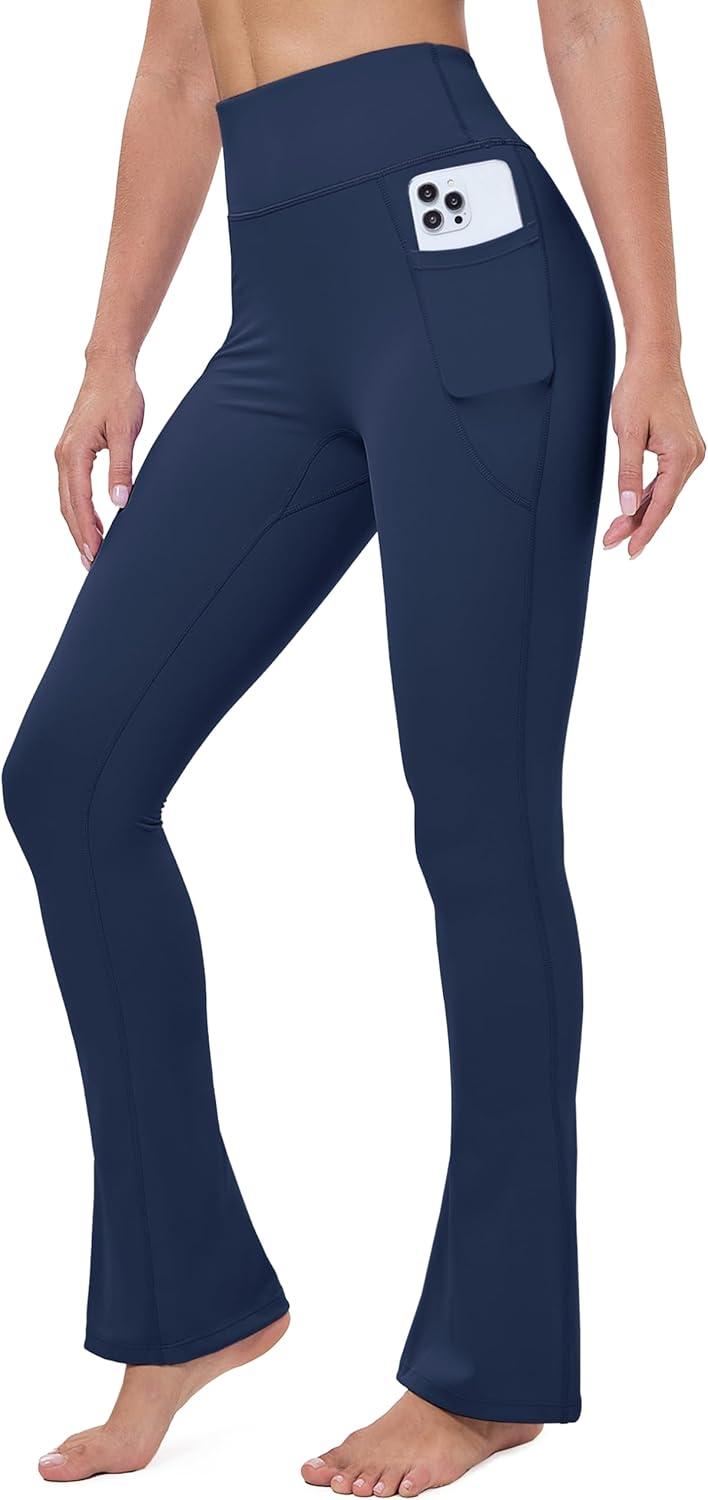 imageMAGCOMSEN Womens High Waisted Flare Leggings Tummy Control Yoga Pants with Pockets Mini Flared Bootcut Workout CasualNavy Blue