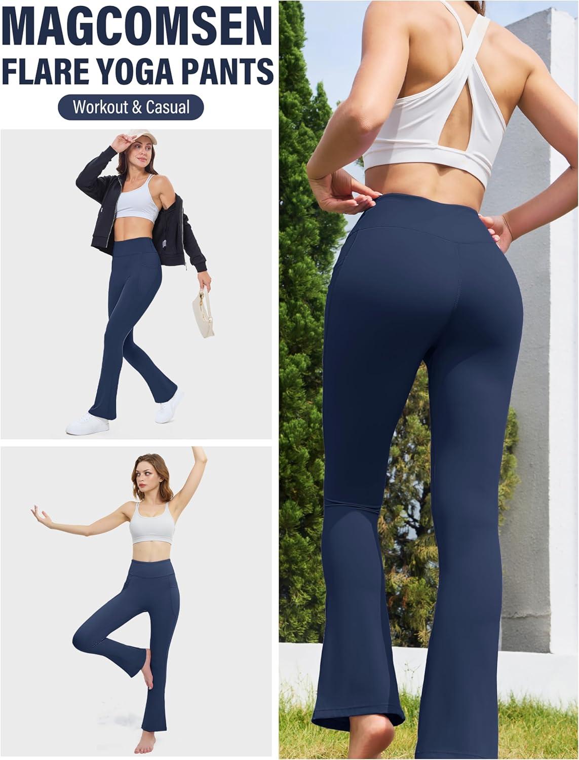 imageMAGCOMSEN Womens High Waisted Flare Leggings Tummy Control Yoga Pants with Pockets Mini Flared Bootcut Workout CasualNavy Blue