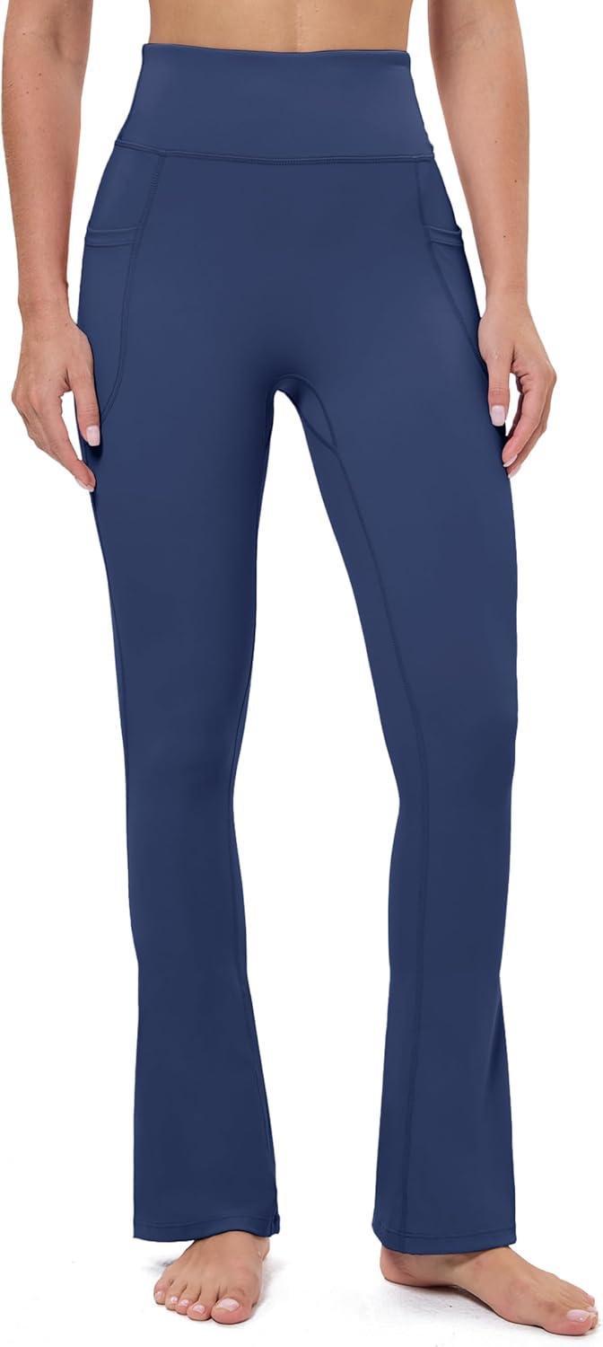 imageMAGCOMSEN Womens High Waisted Flare Leggings Tummy Control Yoga Pants with Pockets Mini Flared Bootcut Workout CasualSky Blue