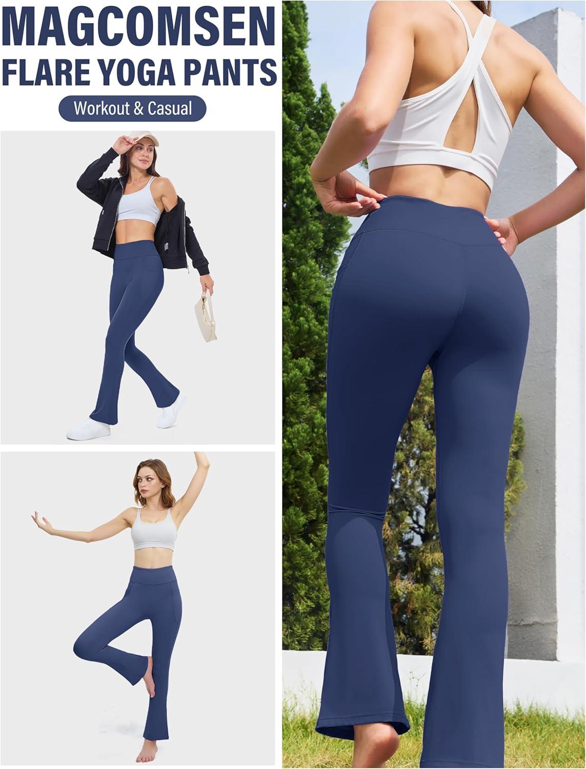 imageMAGCOMSEN Womens High Waisted Flare Leggings Tummy Control Yoga Pants with Pockets Mini Flared Bootcut Workout CasualSky Blue