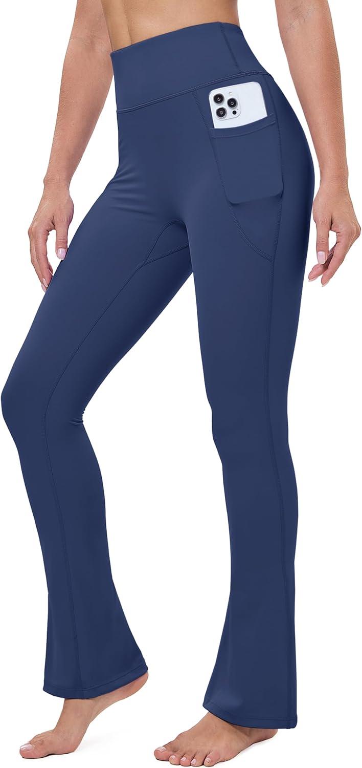imageMAGCOMSEN Womens High Waisted Flare Leggings Tummy Control Yoga Pants with Pockets Mini Flared Bootcut Workout CasualSky Blue