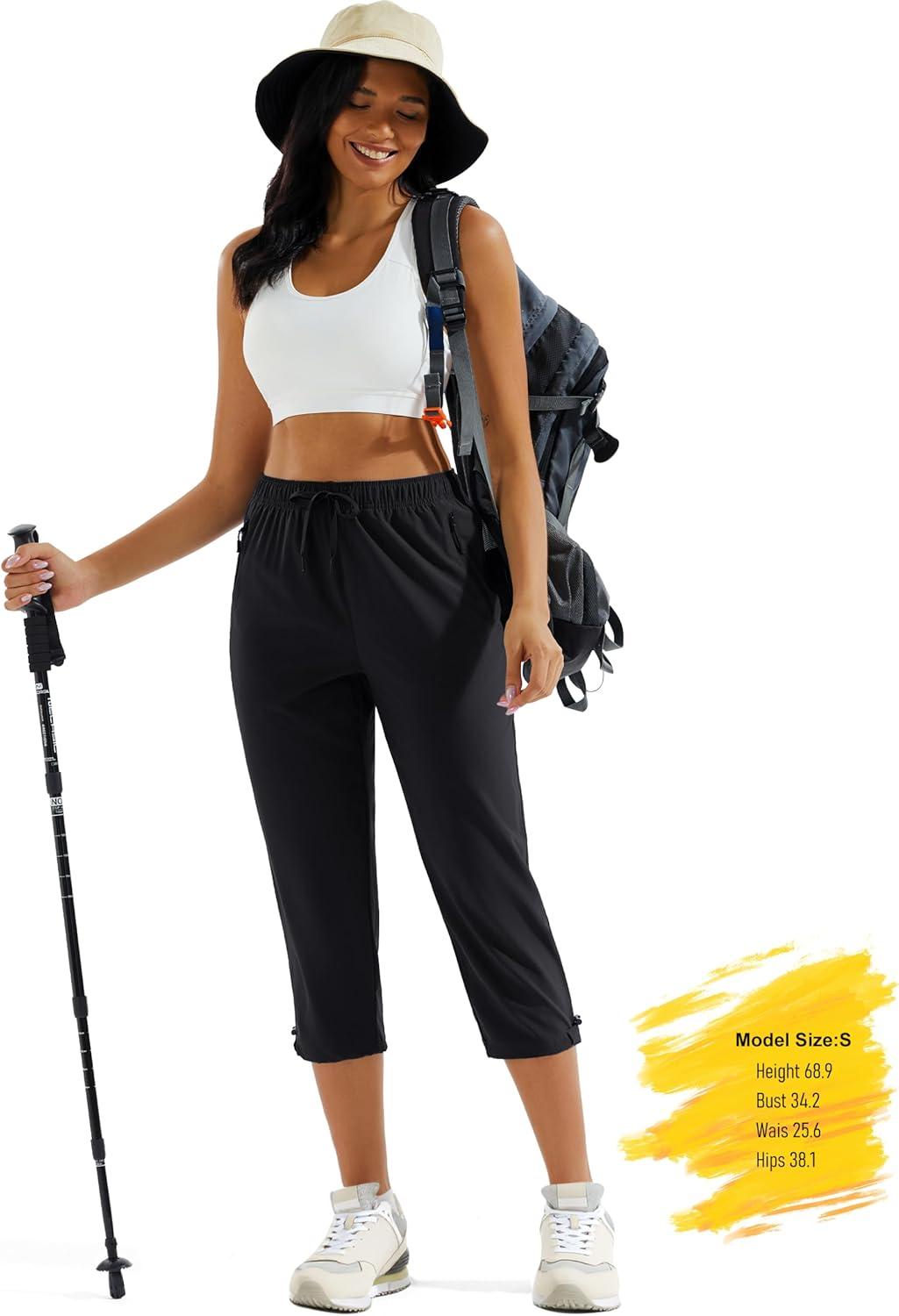 imageMAGCOMSEN Womens Hiking Capris Pants UPF 50 Lightweight Quick Dry Workout Travel Summer Casual Pants Zipper PocketsBlack