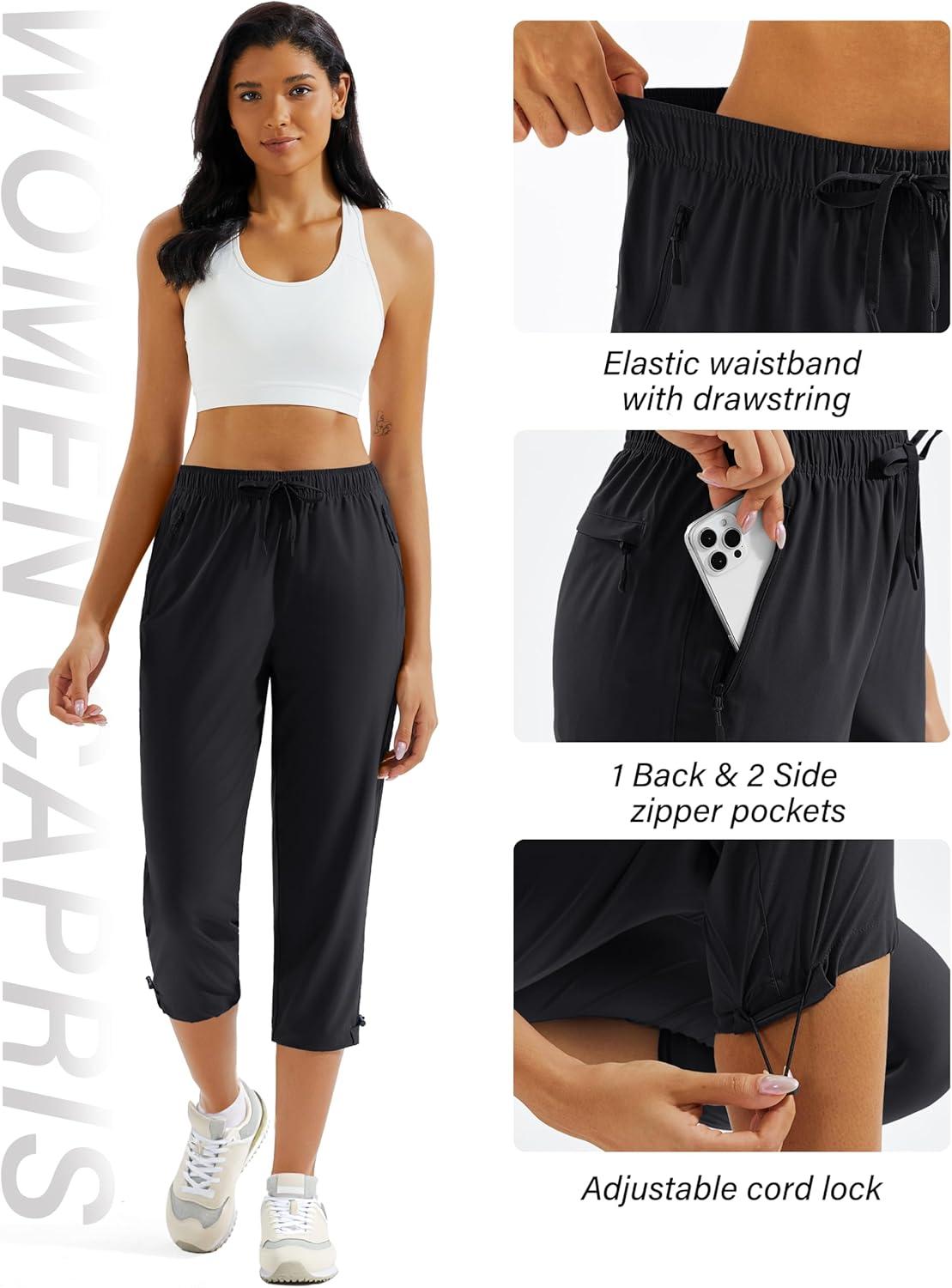 imageMAGCOMSEN Womens Hiking Capris Pants UPF 50 Lightweight Quick Dry Workout Travel Summer Casual Pants Zipper PocketsBlack