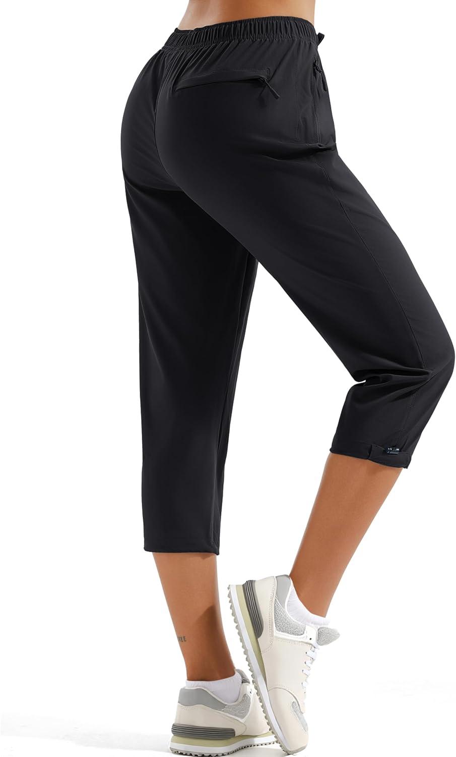 imageMAGCOMSEN Womens Hiking Capris Pants UPF 50 Lightweight Quick Dry Workout Travel Summer Casual Pants Zipper PocketsBlack