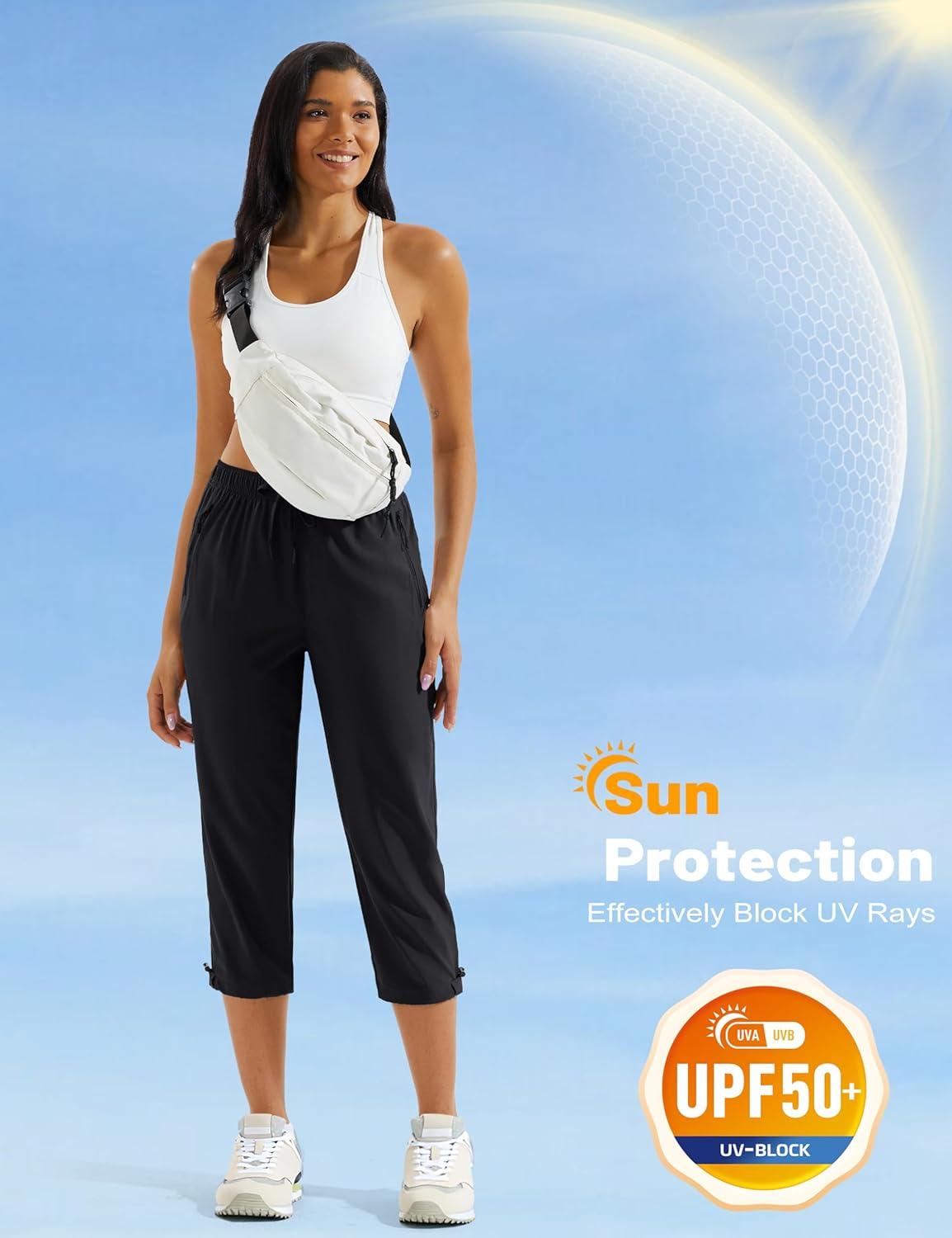 imageMAGCOMSEN Womens Hiking Capris Pants UPF 50 Lightweight Quick Dry Workout Travel Summer Casual Pants Zipper PocketsBlack