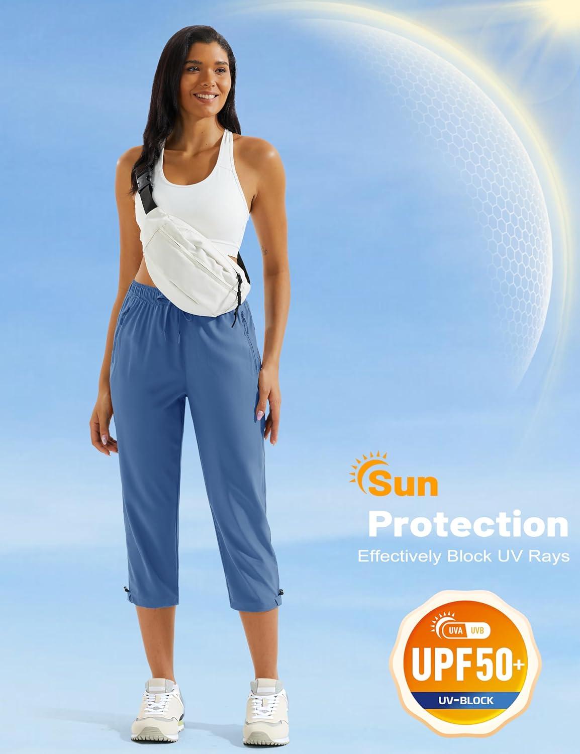 imageMAGCOMSEN Womens Hiking Capris Pants UPF 50 Lightweight Quick Dry Workout Travel Summer Casual Pants Zipper PocketsBlue Grey