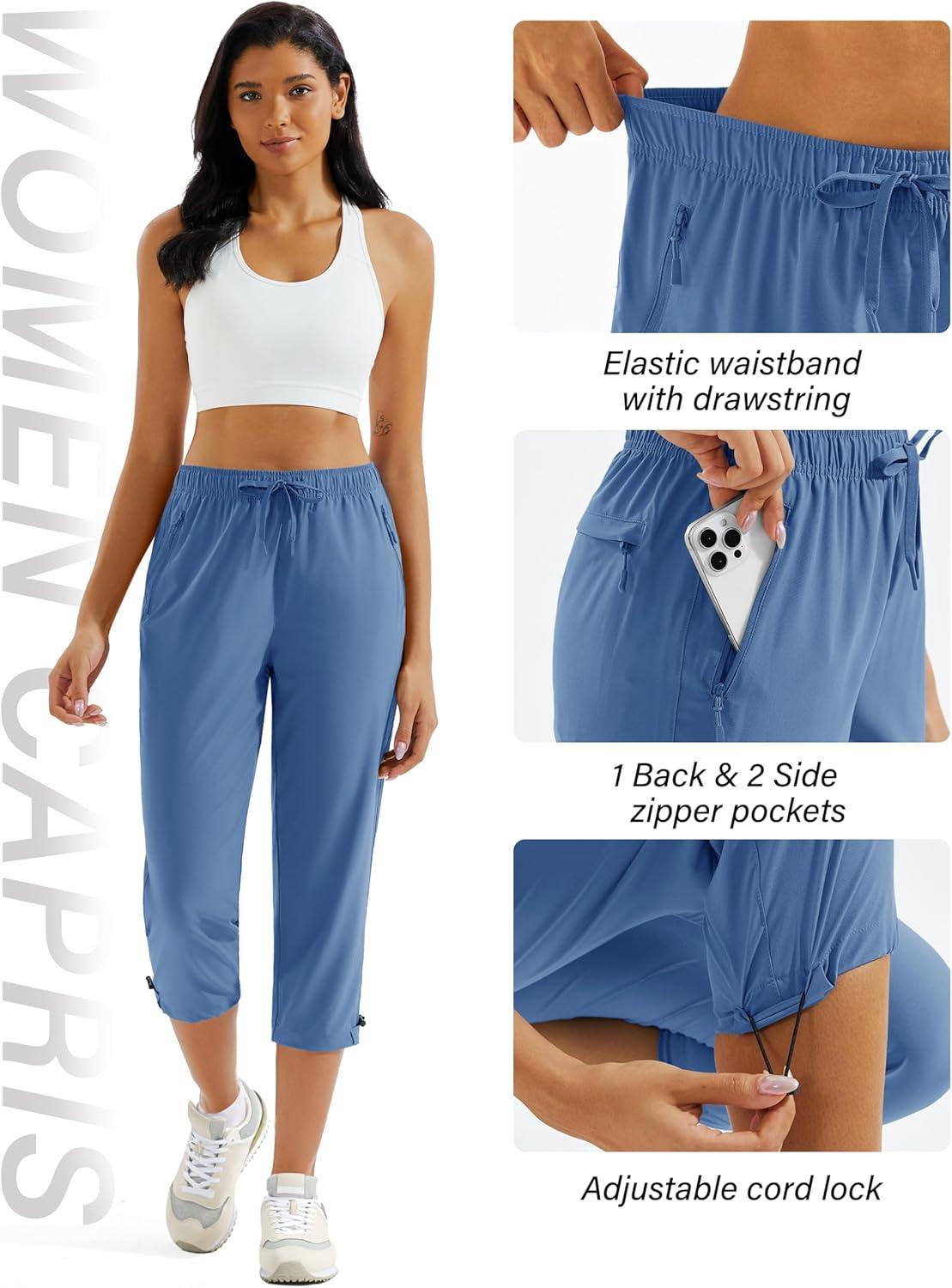 imageMAGCOMSEN Womens Hiking Capris Pants UPF 50 Lightweight Quick Dry Workout Travel Summer Casual Pants Zipper PocketsBlue Grey