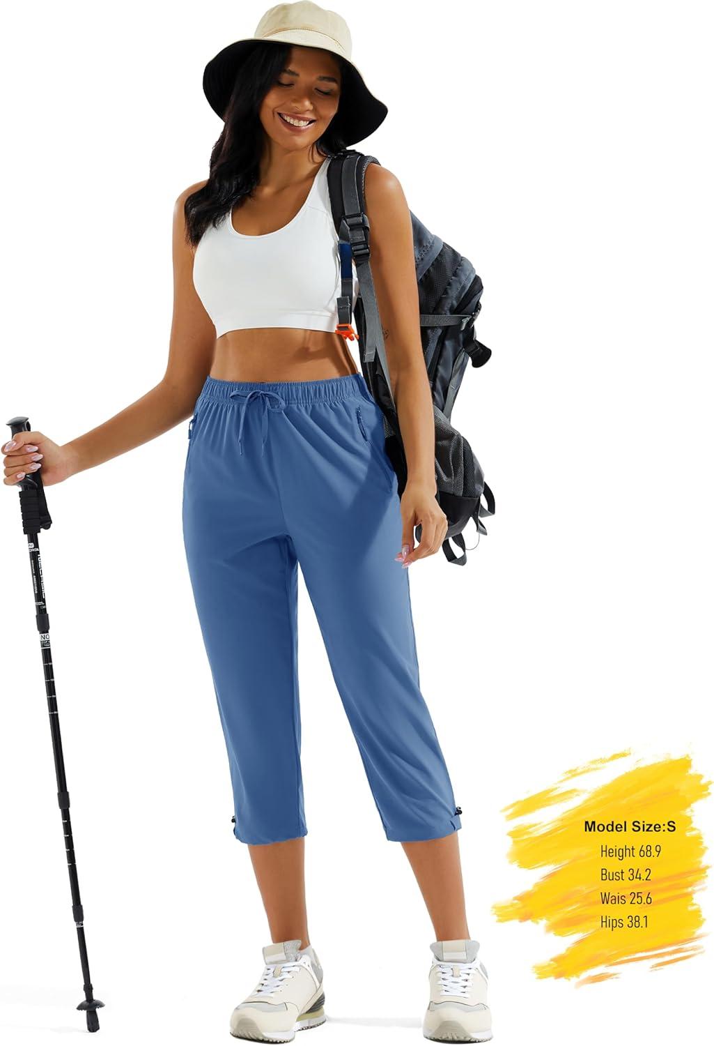imageMAGCOMSEN Womens Hiking Capris Pants UPF 50 Lightweight Quick Dry Workout Travel Summer Casual Pants Zipper PocketsBlue Grey