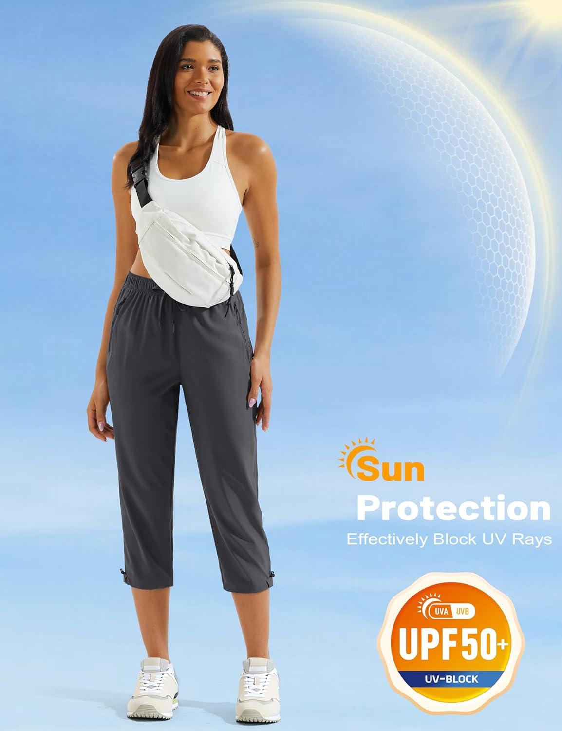 imageMAGCOMSEN Womens Hiking Capris Pants UPF 50 Lightweight Quick Dry Workout Travel Summer Casual Pants Zipper PocketsDark Gray