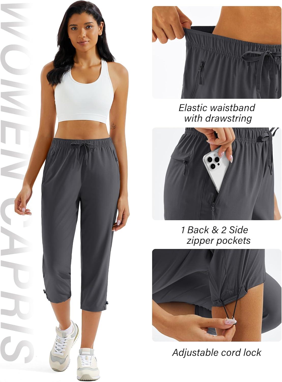 imageMAGCOMSEN Womens Hiking Capris Pants UPF 50 Lightweight Quick Dry Workout Travel Summer Casual Pants Zipper PocketsDark Gray