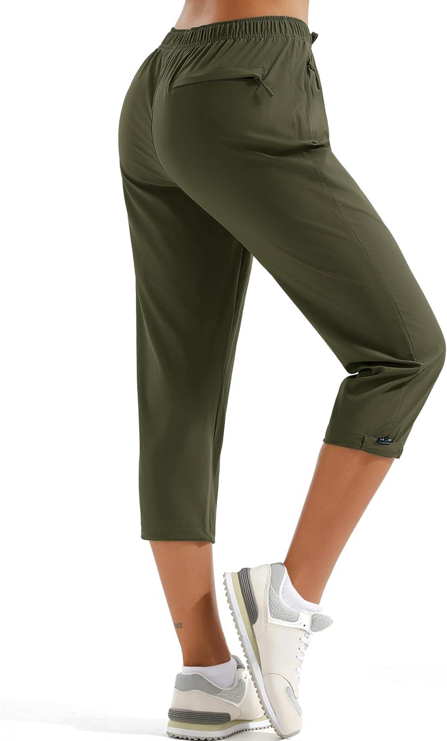 imageMAGCOMSEN Womens Hiking Capris Pants UPF 50 Lightweight Quick Dry Workout Travel Summer Casual Pants Zipper PocketsGreen