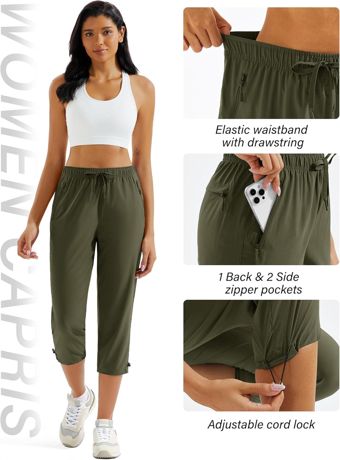 imageMAGCOMSEN Womens Hiking Capris Pants UPF 50 Lightweight Quick Dry Workout Travel Summer Casual Pants Zipper PocketsGreen
