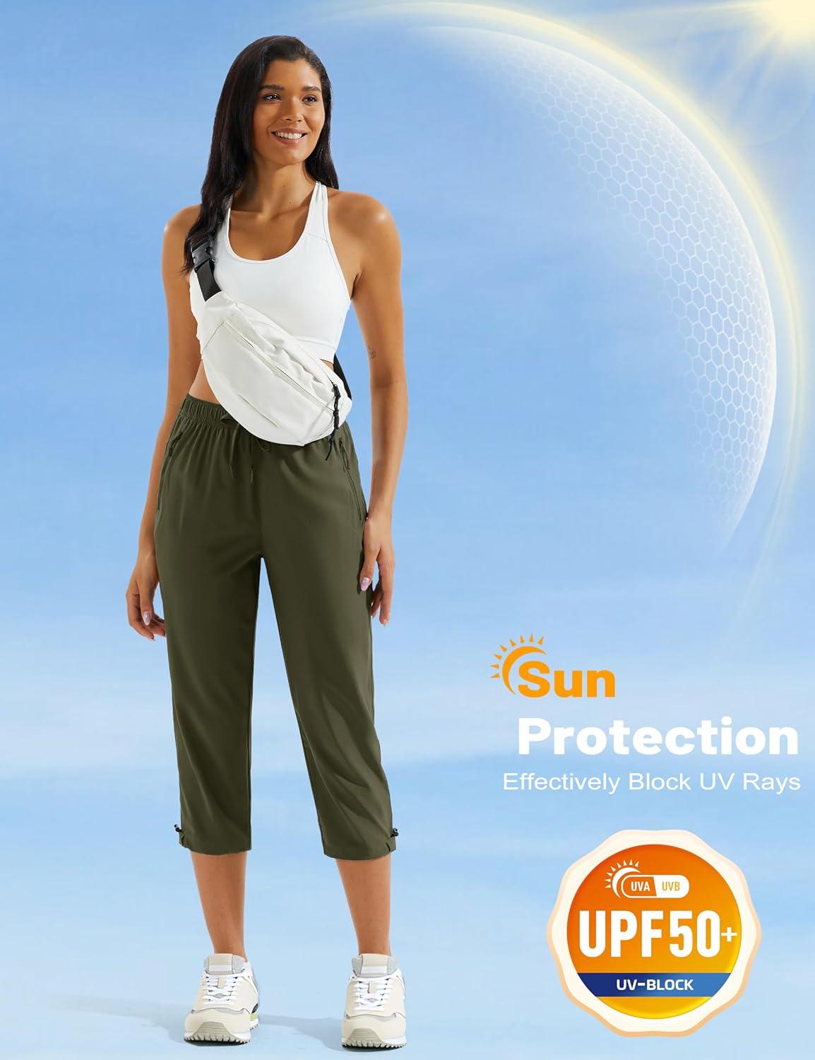 imageMAGCOMSEN Womens Hiking Capris Pants UPF 50 Lightweight Quick Dry Workout Travel Summer Casual Pants Zipper PocketsGreen