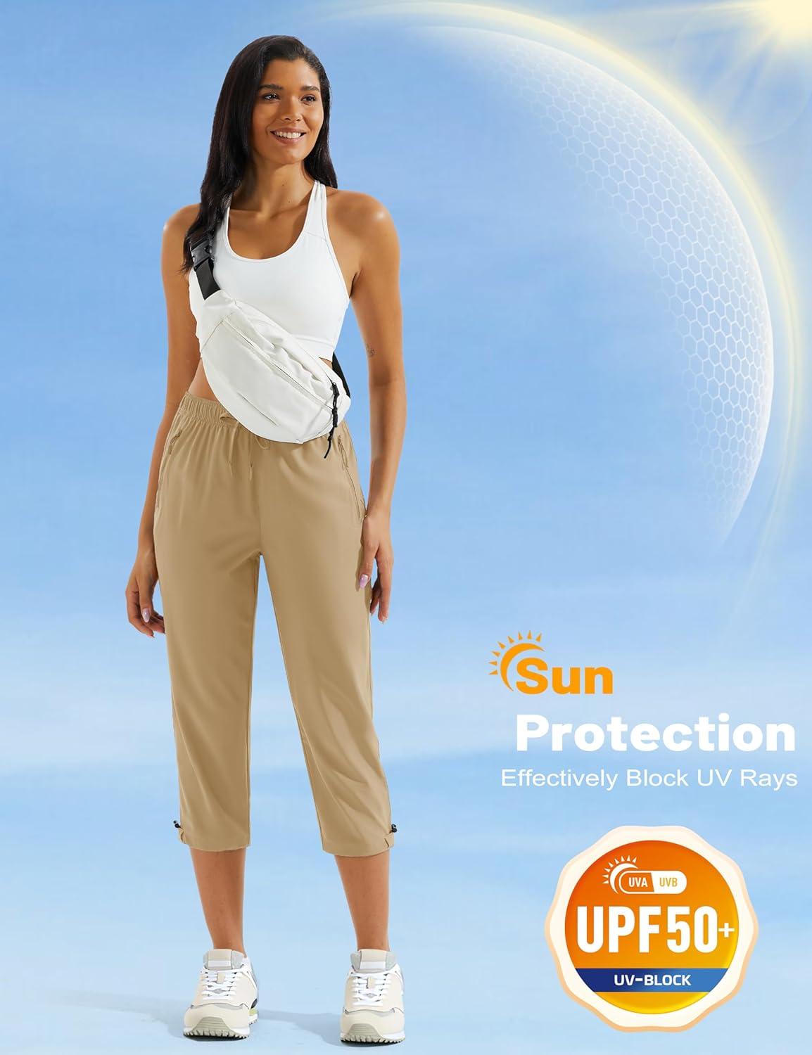 imageMAGCOMSEN Womens Hiking Capris Pants UPF 50 Lightweight Quick Dry Workout Travel Summer Casual Pants Zipper PocketsKhaki