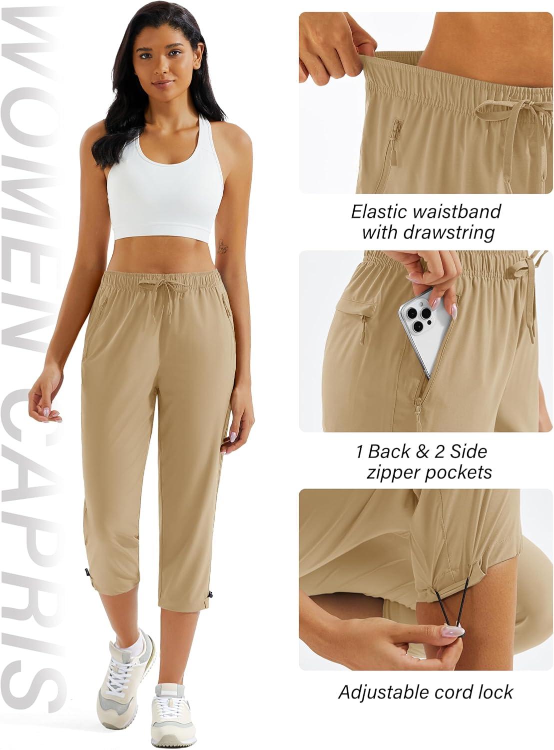 imageMAGCOMSEN Womens Hiking Capris Pants UPF 50 Lightweight Quick Dry Workout Travel Summer Casual Pants Zipper PocketsKhaki