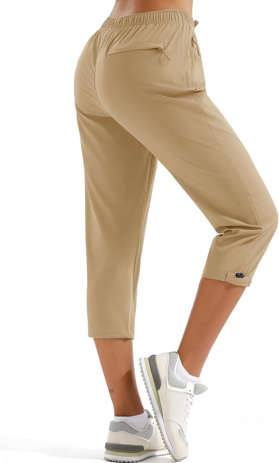 imageMAGCOMSEN Womens Hiking Capris Pants UPF 50 Lightweight Quick Dry Workout Travel Summer Casual Pants Zipper PocketsKhaki