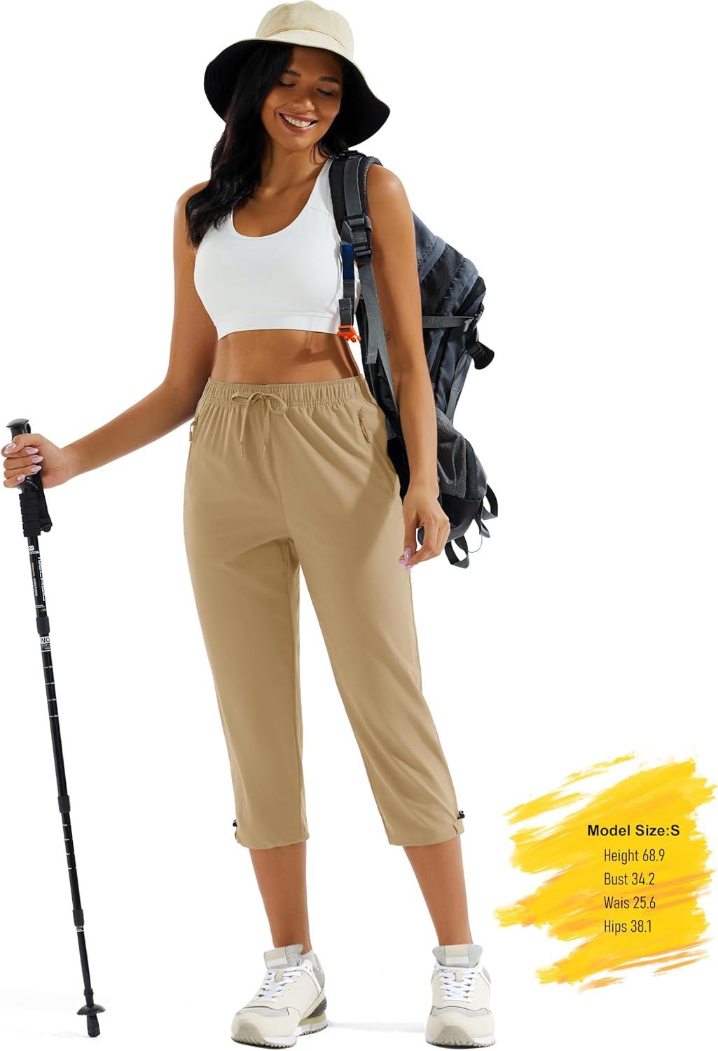 imageMAGCOMSEN Womens Hiking Capris Pants UPF 50 Lightweight Quick Dry Workout Travel Summer Casual Pants Zipper PocketsKhaki