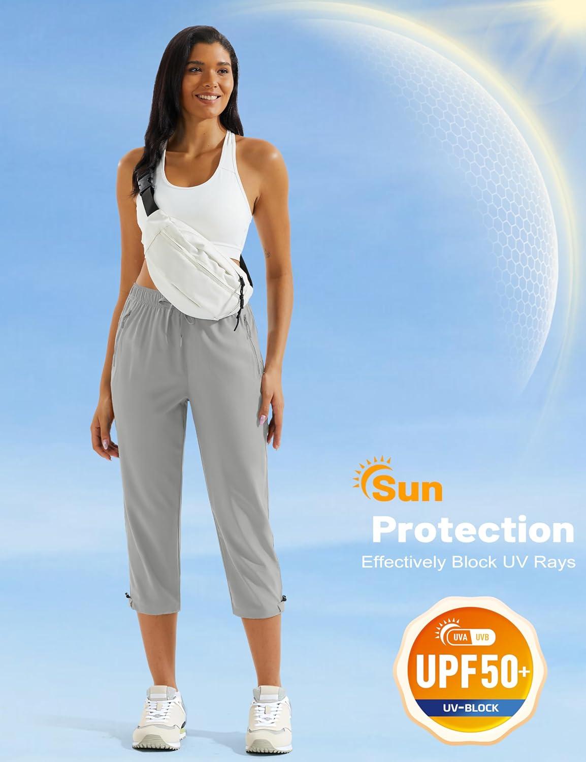 imageMAGCOMSEN Womens Hiking Capris Pants UPF 50 Lightweight Quick Dry Workout Travel Summer Casual Pants Zipper PocketsLight Gray