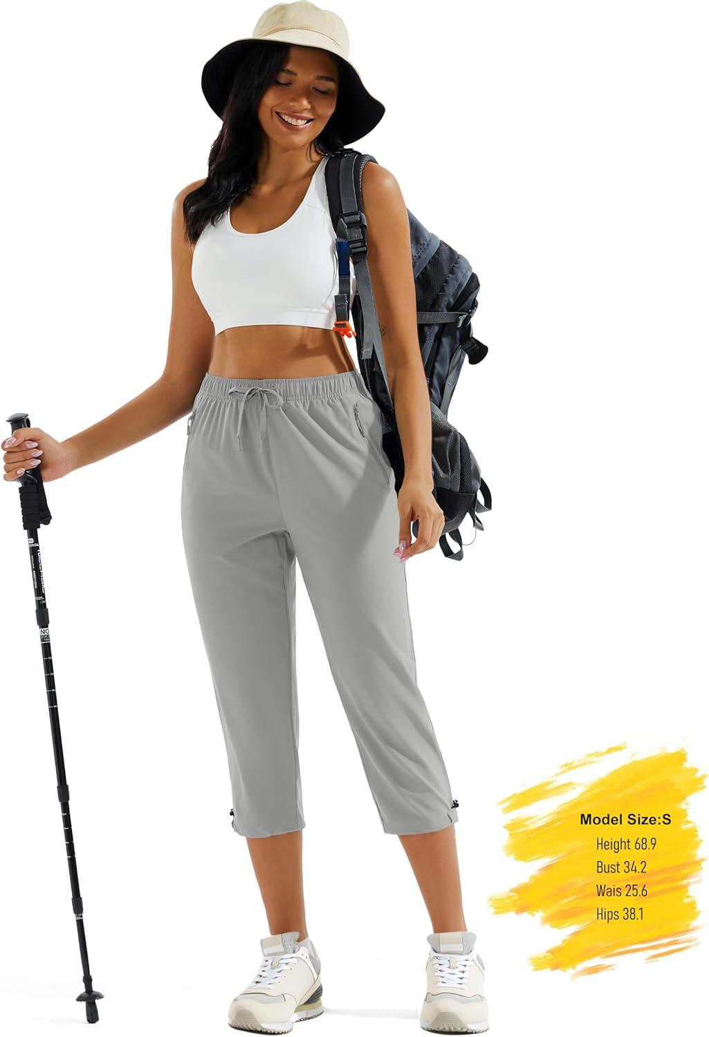 imageMAGCOMSEN Womens Hiking Capris Pants UPF 50 Lightweight Quick Dry Workout Travel Summer Casual Pants Zipper PocketsLight Gray