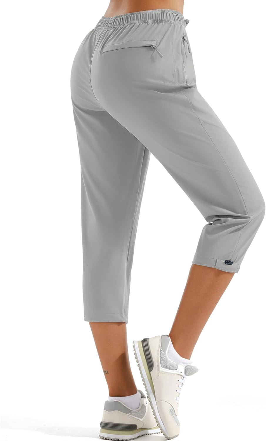 imageMAGCOMSEN Womens Hiking Capris Pants UPF 50 Lightweight Quick Dry Workout Travel Summer Casual Pants Zipper PocketsLight Gray