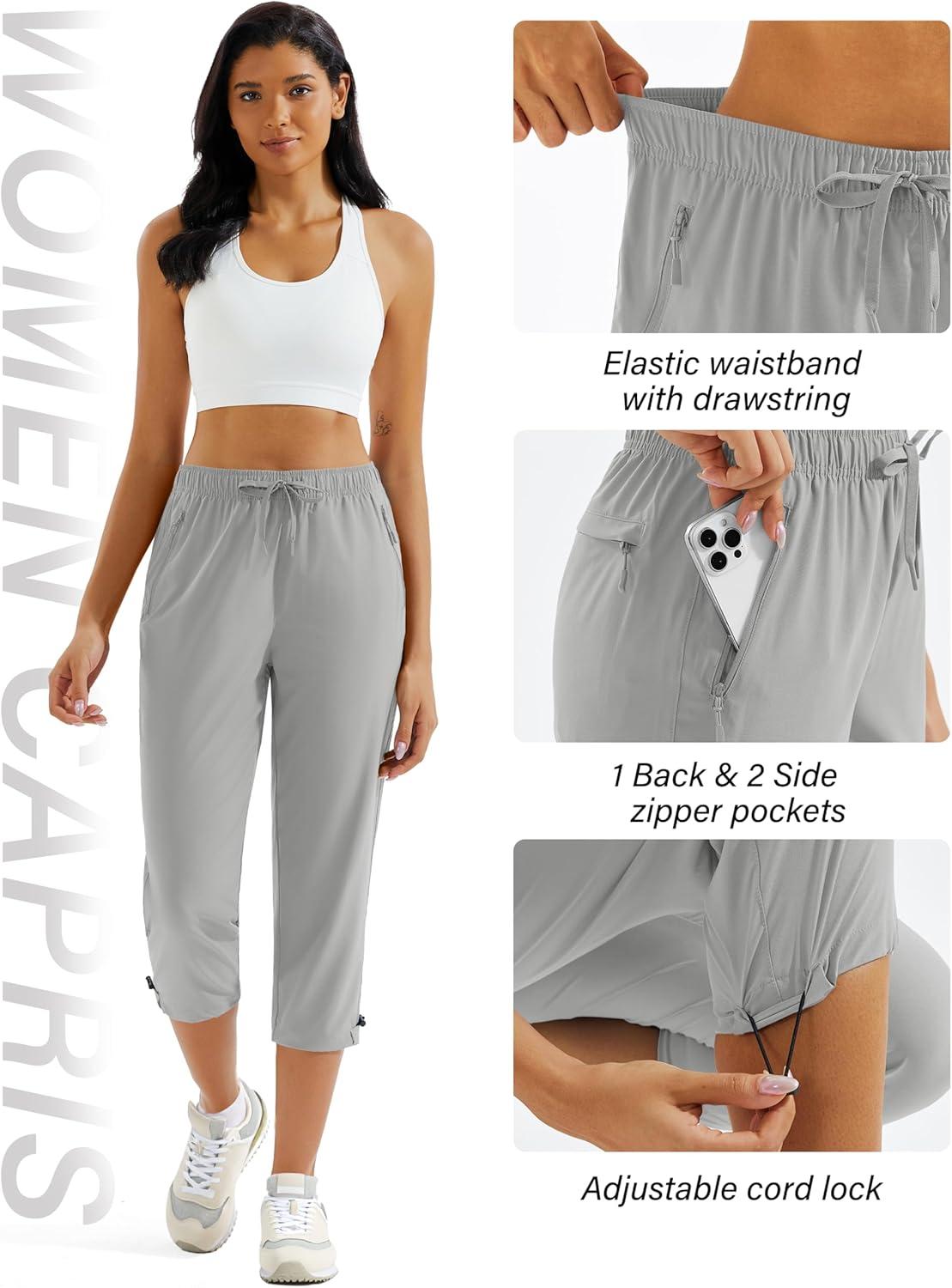 imageMAGCOMSEN Womens Hiking Capris Pants UPF 50 Lightweight Quick Dry Workout Travel Summer Casual Pants Zipper PocketsLight Gray