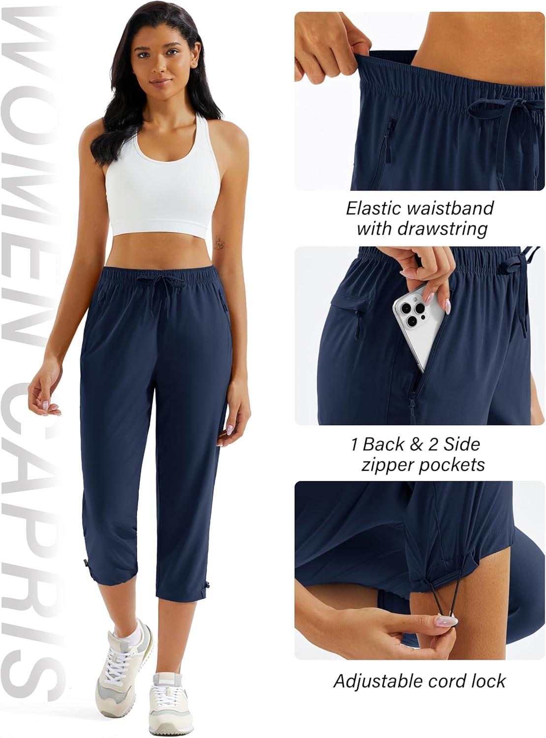 imageMAGCOMSEN Womens Hiking Capris Pants UPF 50 Lightweight Quick Dry Workout Travel Summer Casual Pants Zipper PocketsNavy Blue