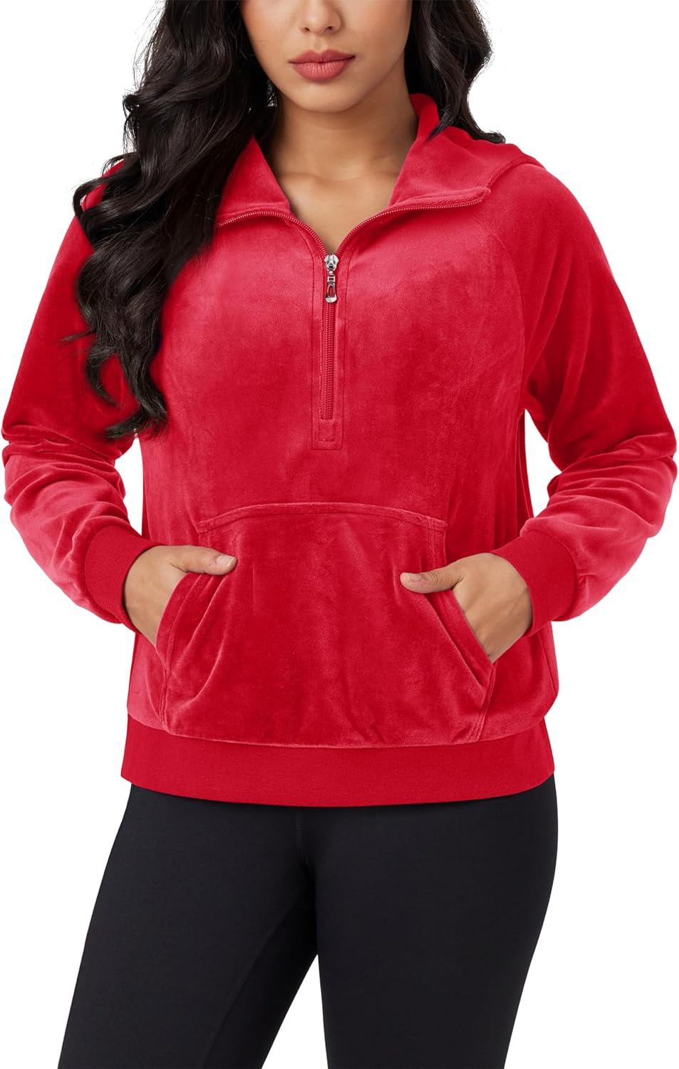 imageMAGCOMSEN Womens Hoodies HalfZip Cropped Velour Sweatshirts Long Sleeve Fleece Pullover with Pocket Casual OutfitsTomato Red