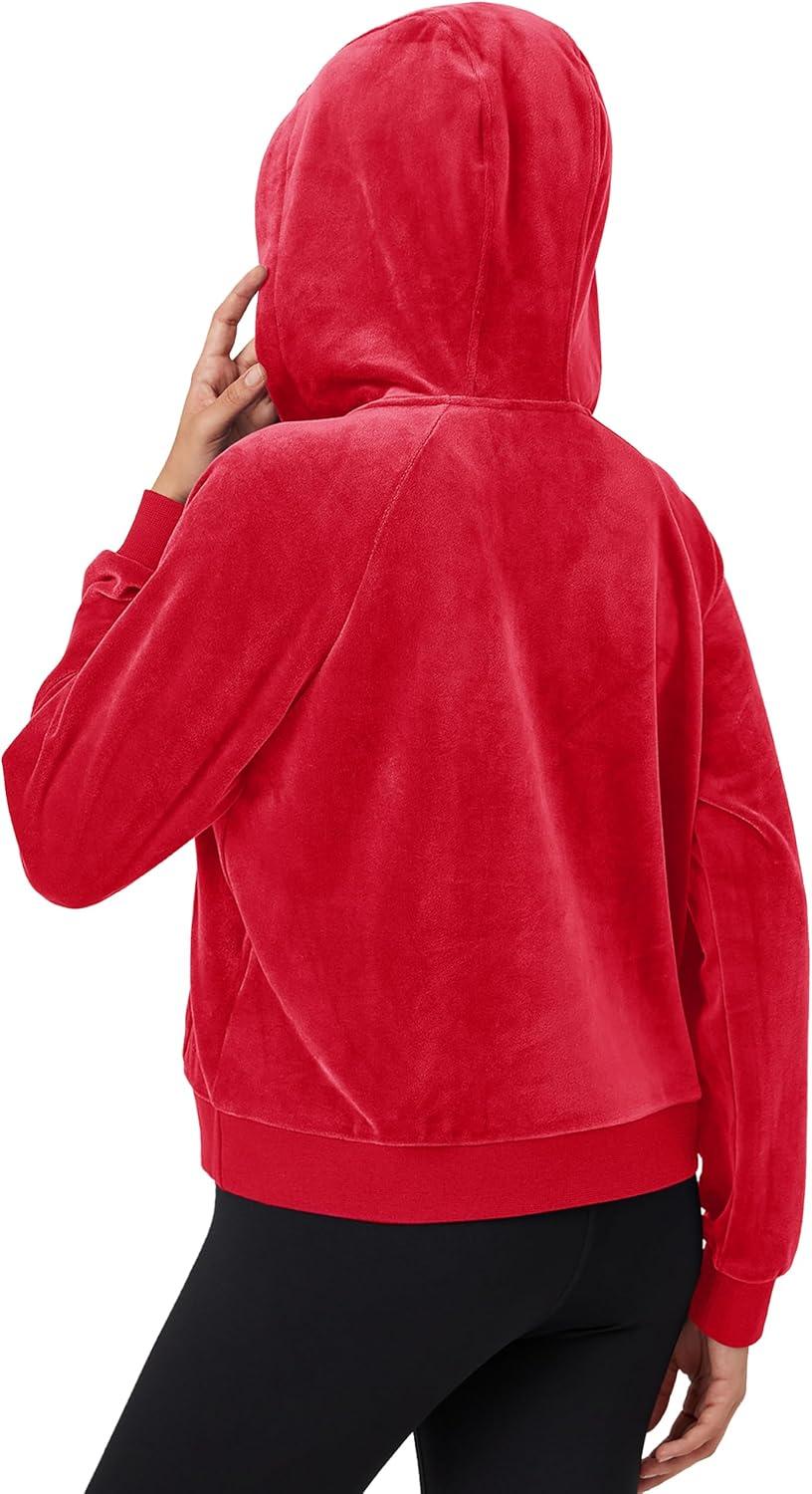 imageMAGCOMSEN Womens Hoodies HalfZip Cropped Velour Sweatshirts Long Sleeve Fleece Pullover with Pocket Casual OutfitsTomato Red