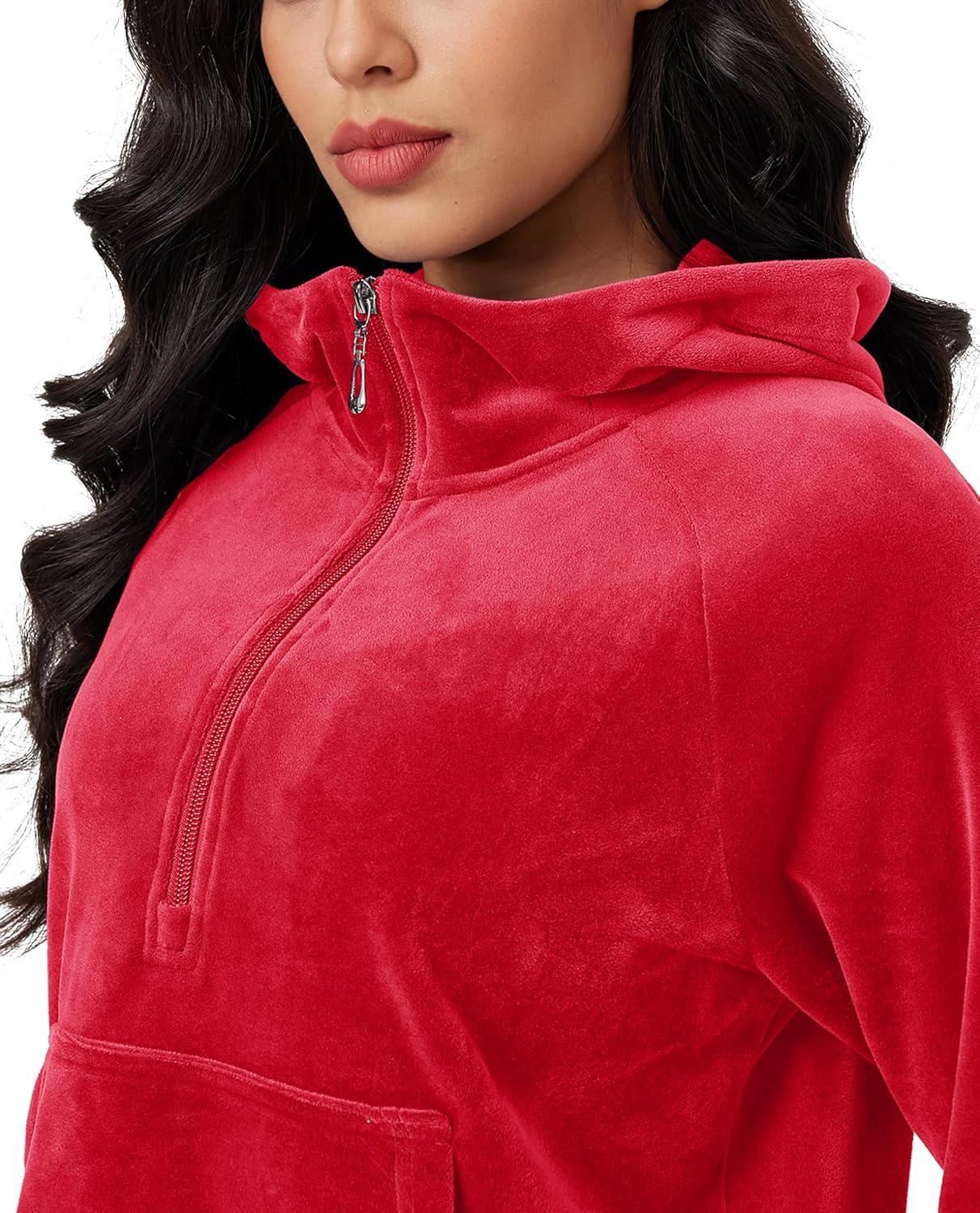 imageMAGCOMSEN Womens Hoodies HalfZip Cropped Velour Sweatshirts Long Sleeve Fleece Pullover with Pocket Casual OutfitsTomato Red