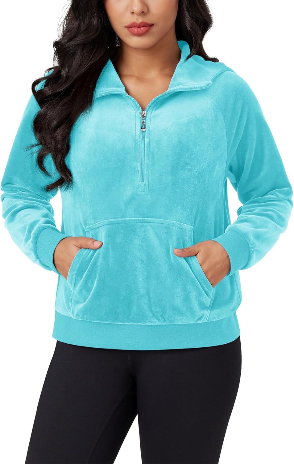 imageMAGCOMSEN Womens Hoodies HalfZip Cropped Velour Sweatshirts Long Sleeve Fleece Pullover with Pocket Casual OutfitsWater Blue