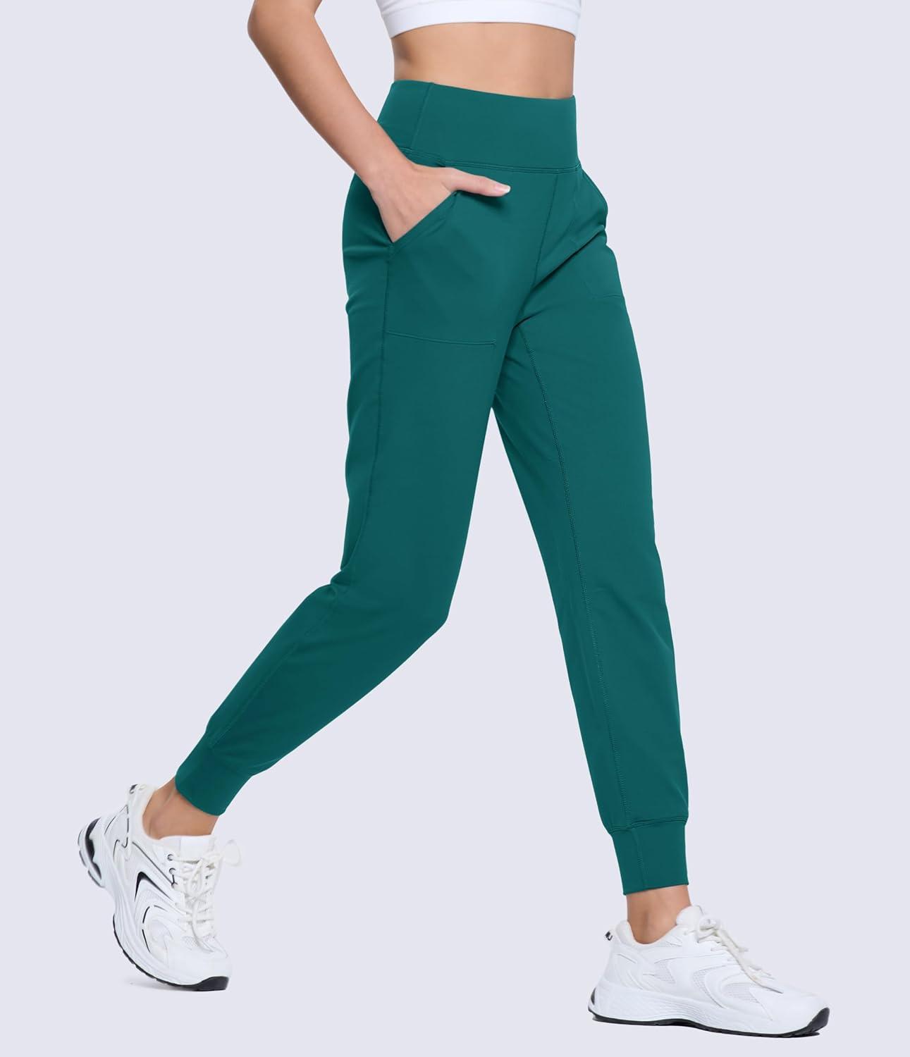 imageMAGCOMSEN Womens Joggers High Waisted Yoga Pants with Pockets Loose Leggings for Workout Athletic Lounge RunningEgreen