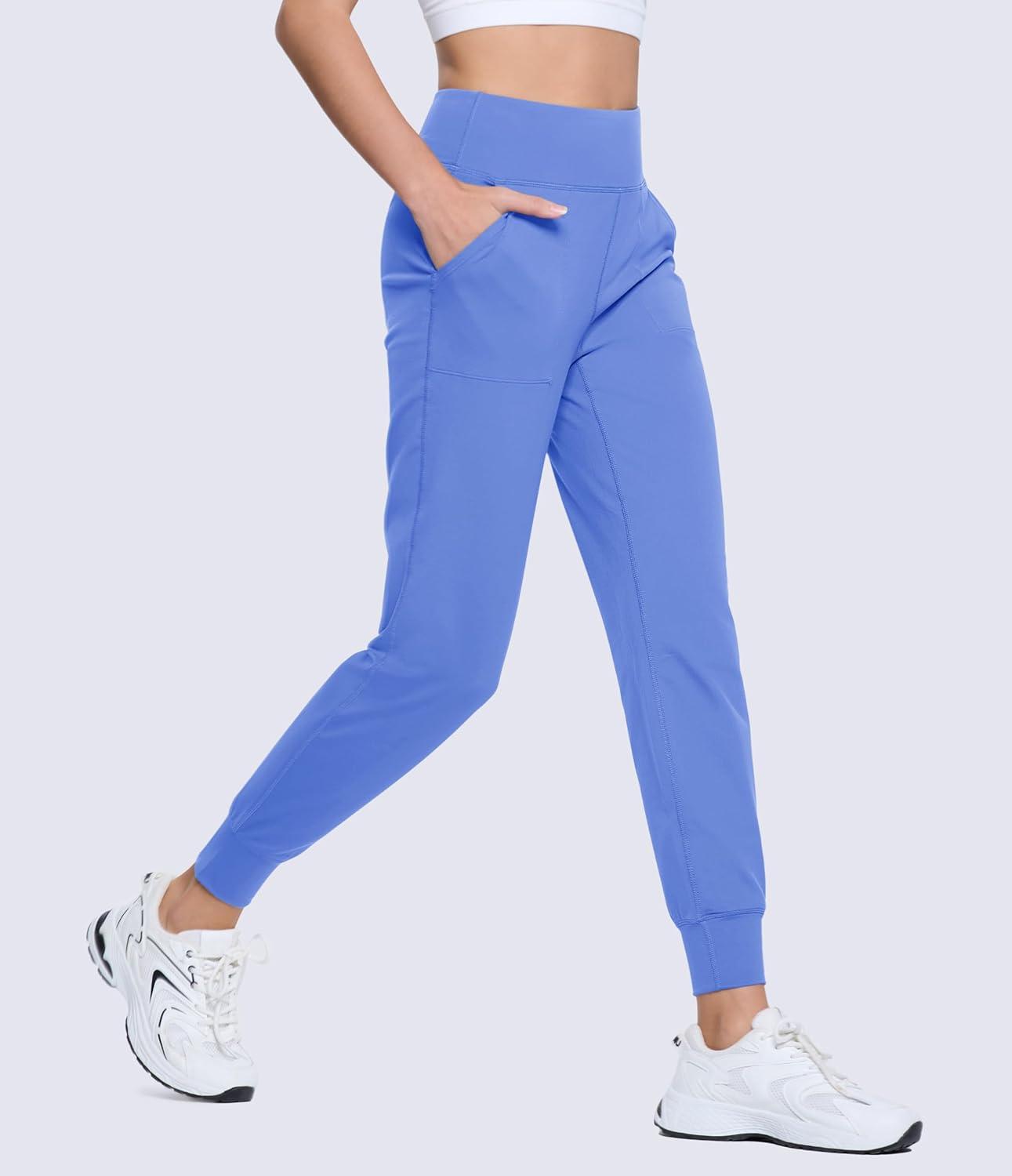 imageMAGCOMSEN Womens Joggers High Waisted Yoga Pants with Pockets Loose Leggings for Workout Athletic Lounge RunningLight Blue