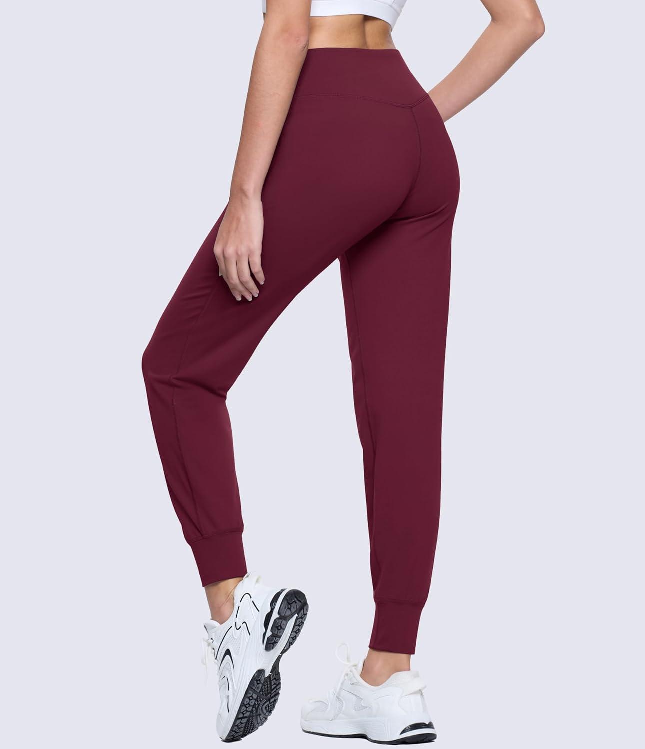 imageMAGCOMSEN Womens Joggers High Waisted Yoga Pants with Pockets Loose Leggings for Workout Athletic Lounge RunningWine Red