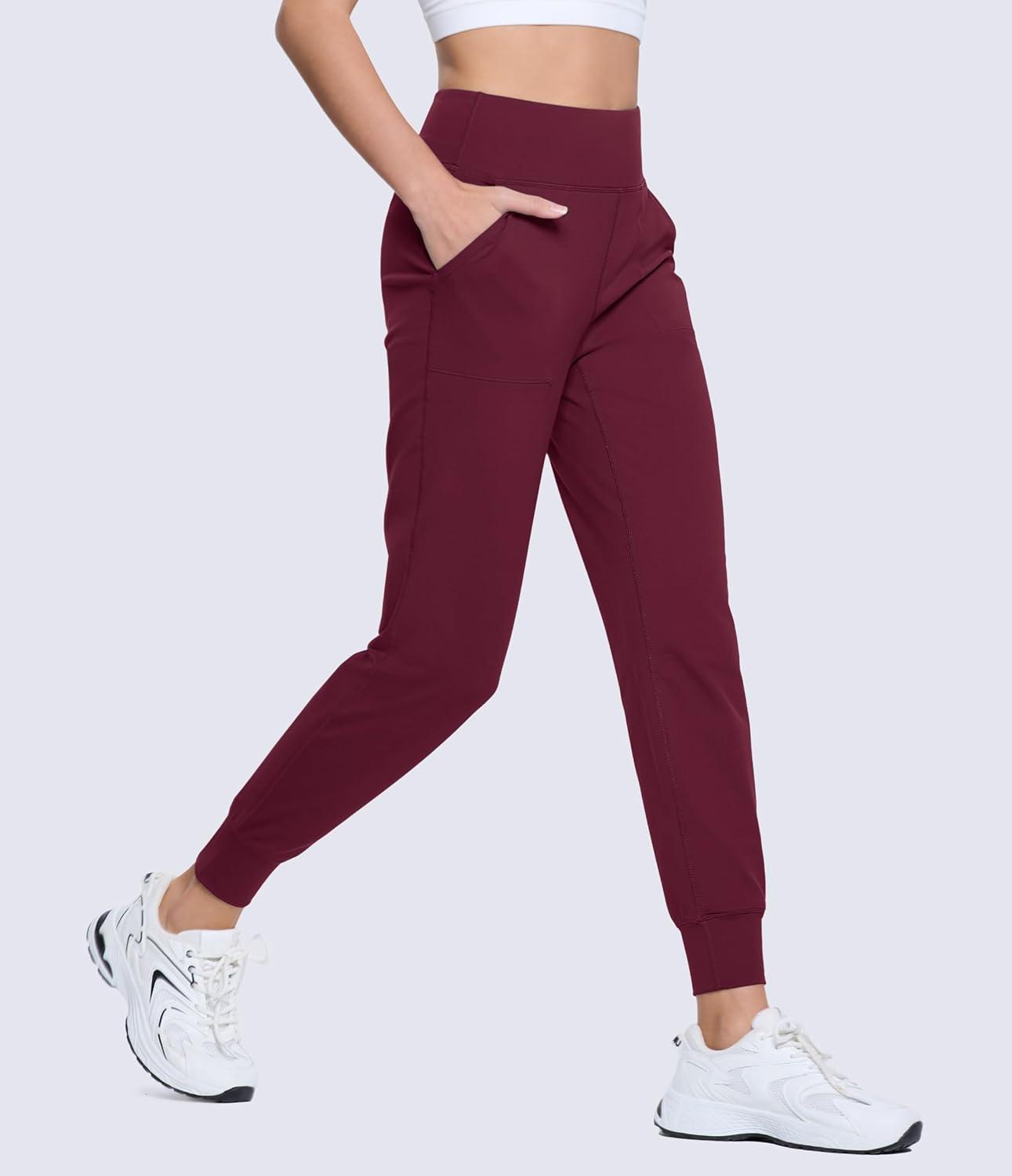 imageMAGCOMSEN Womens Joggers High Waisted Yoga Pants with Pockets Loose Leggings for Workout Athletic Lounge RunningWine Red