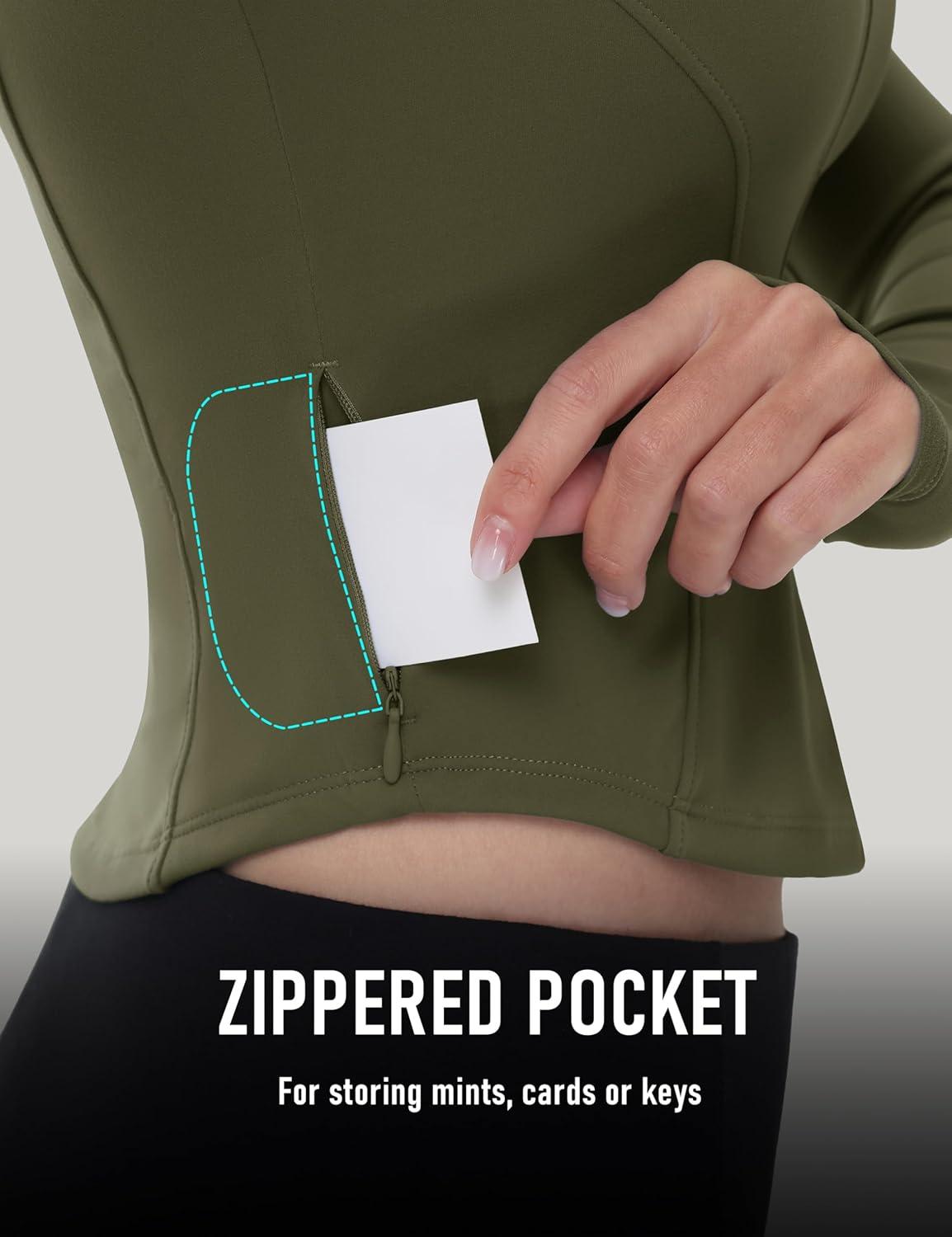 imageMAGCOMSEN Womens Lightweight Athletic Jacket Cropped Zip Up Workout Jackets Long Sleeve Yoga Tops Slim Fit Running GymArmy Green