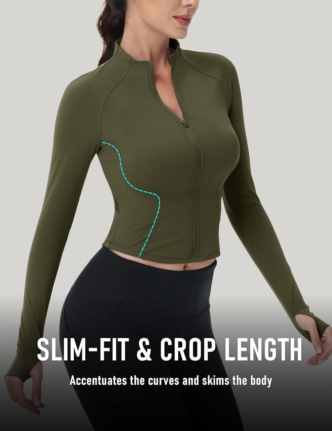 imageMAGCOMSEN Womens Lightweight Athletic Jacket Cropped Zip Up Workout Jackets Long Sleeve Yoga Tops Slim Fit Running GymArmy Green