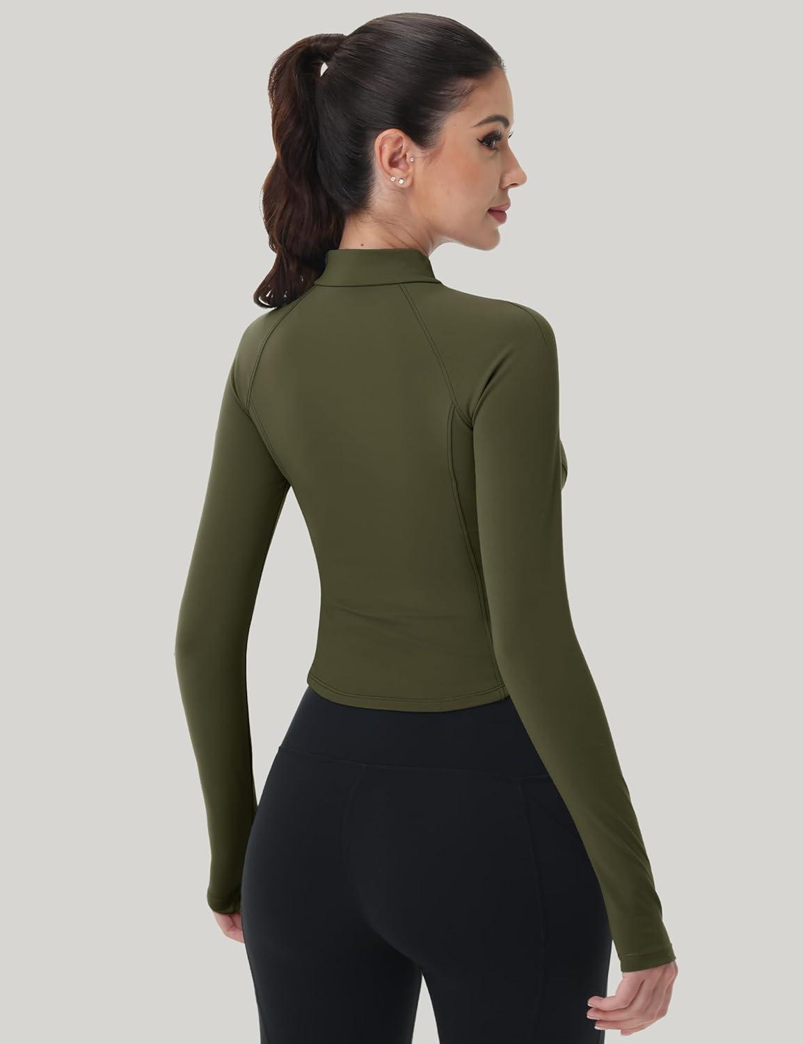 imageMAGCOMSEN Womens Lightweight Athletic Jacket Cropped Zip Up Workout Jackets Long Sleeve Yoga Tops Slim Fit Running GymArmy Green