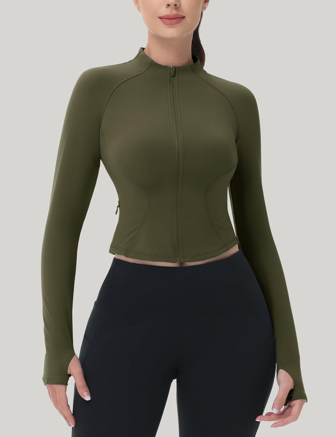 imageMAGCOMSEN Womens Lightweight Athletic Jacket Cropped Zip Up Workout Jackets Long Sleeve Yoga Tops Slim Fit Running GymArmy Green